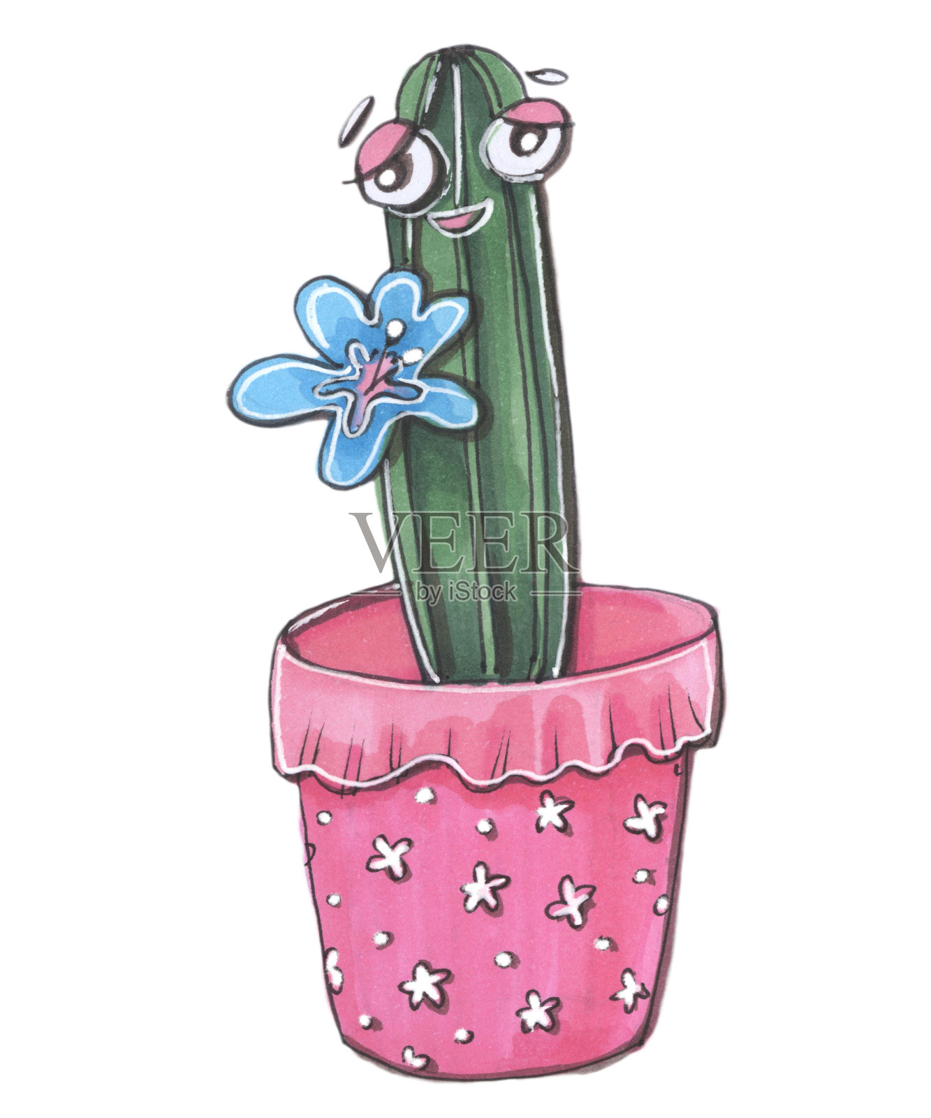 手绘插画，卡通，孩子气的风格，有趣的人物，盛开的仙人掌在一个粉红色的花盆在白色的背景上特写插画图片素材