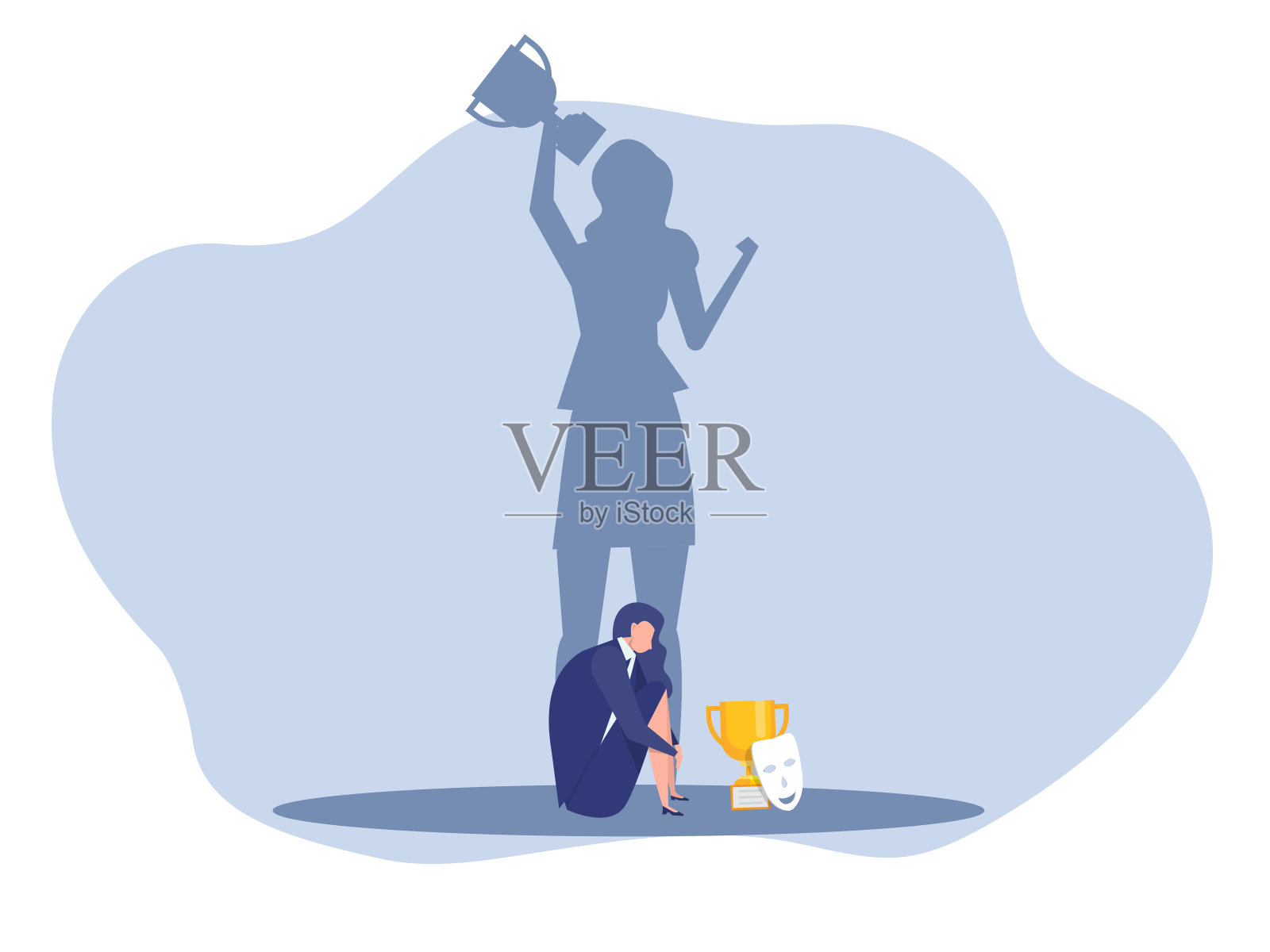 冒名顶替者综合症。一个女人站在她现在的侧面，身后是恐惧的阴影。工作中焦虑和缺乏自信;假的人是别人的概念插画图片素材