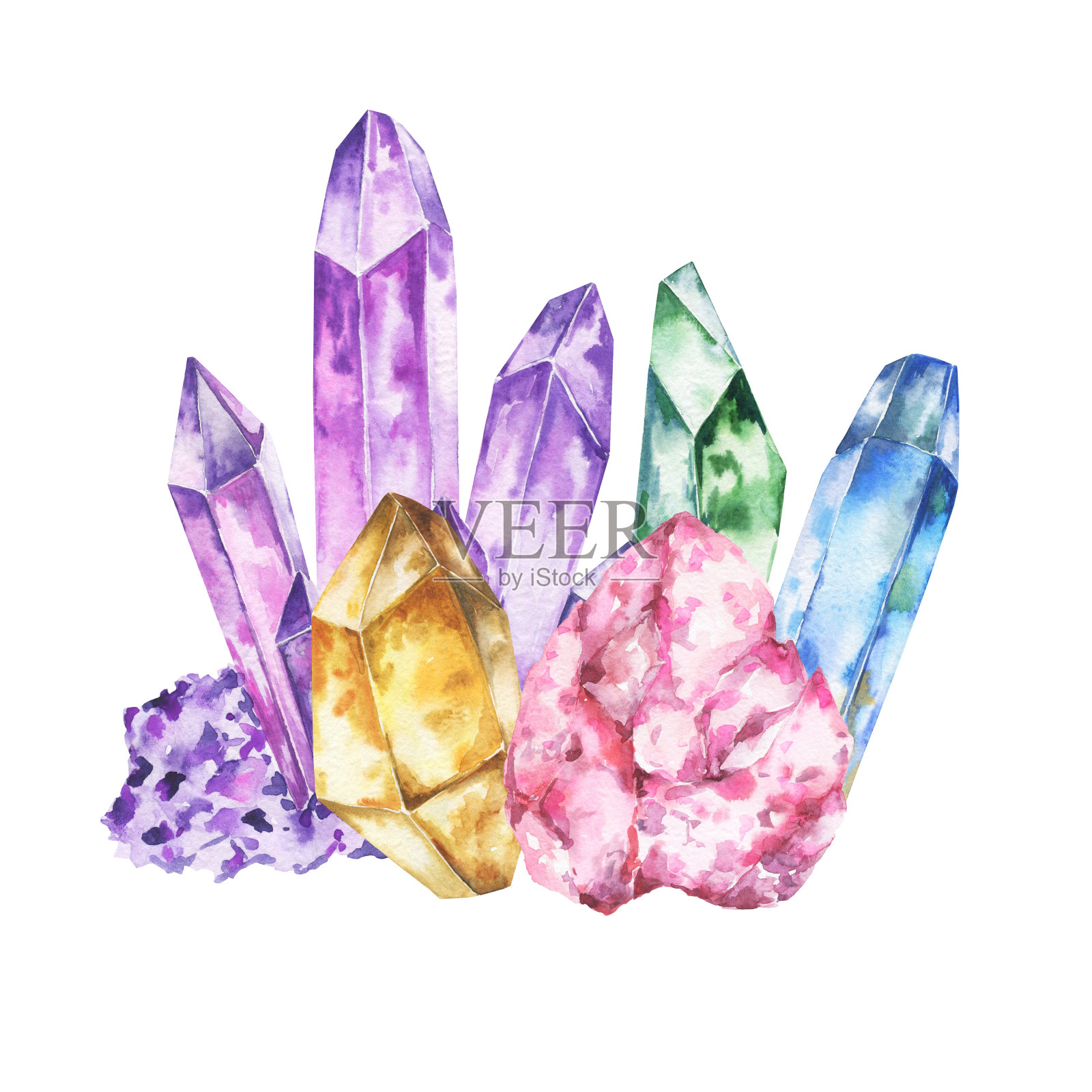 水彩水晶宝石组成的白色背景。波西米亚风格的水彩画插图。插画图片素材