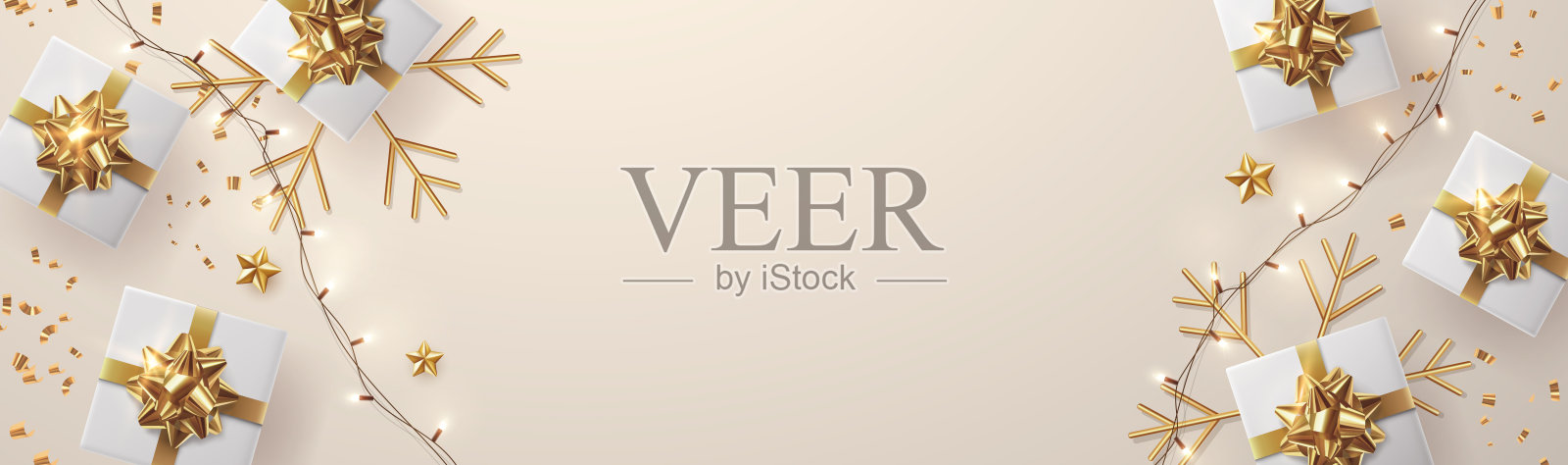 圣诞和新年矢量背景。贺卡，横幅，海报的创意设计。俯视图白色的礼品盒，花环灯，金色的雪花插画图片素材