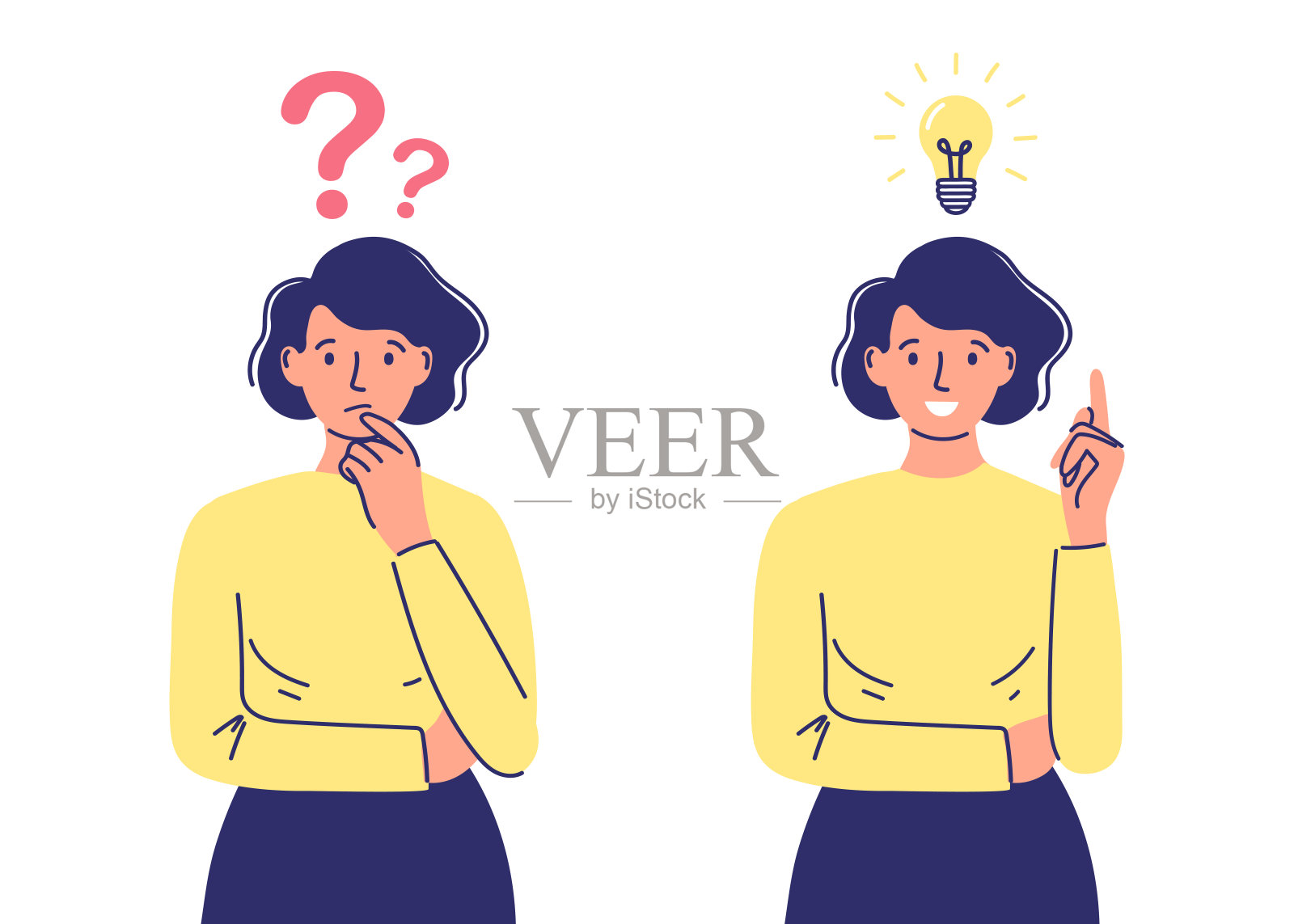 角色找到了解决办法。解决问题，好主意。问答概念，思考过程插画图片素材