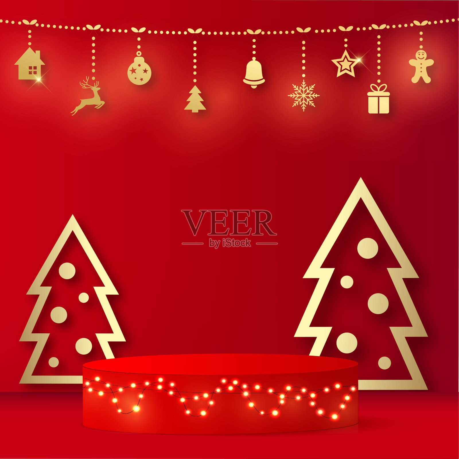 红色的讲台，金色的松树，新年快乐的背景。向量插画图片素材