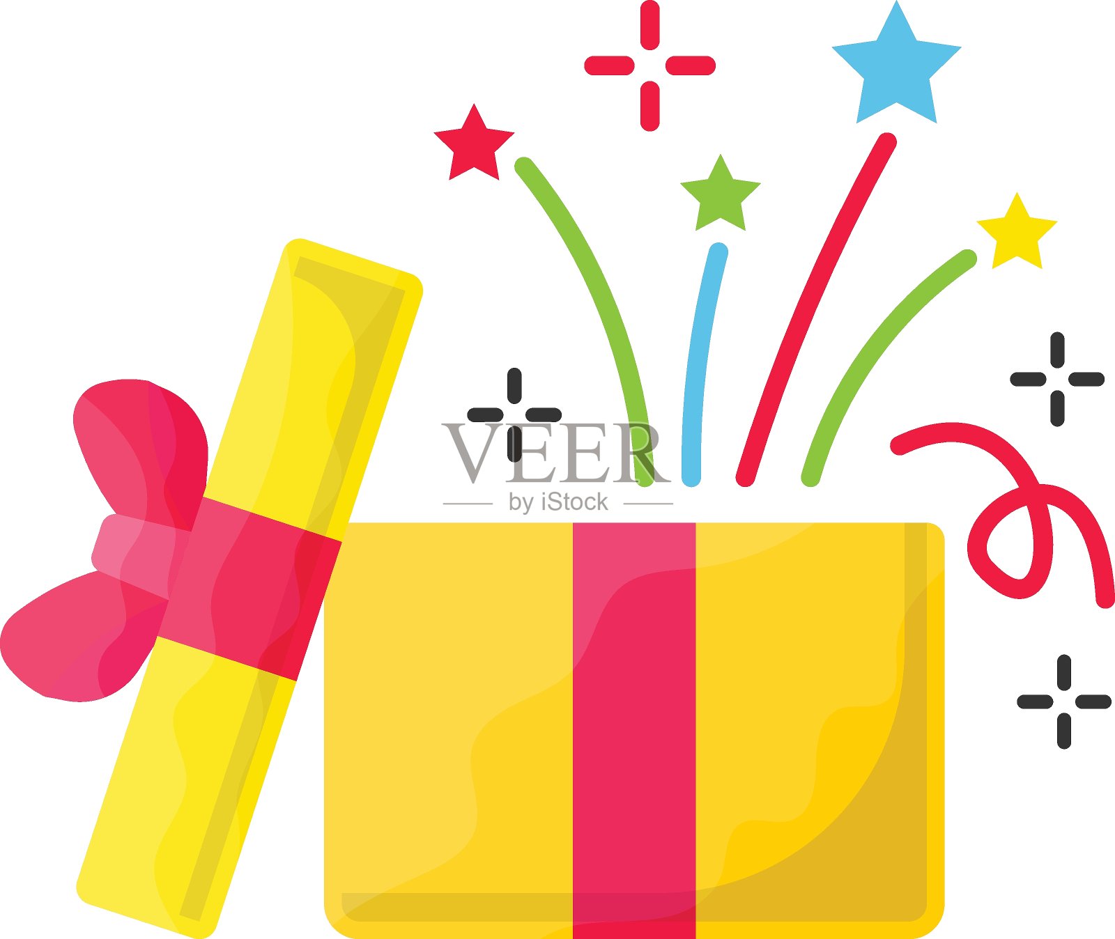 爆炸礼品盒概念矢量颜色图标设计，派对庆祝符号，冬季假日季节标志，新年和圣诞节股票插图插画图片素材