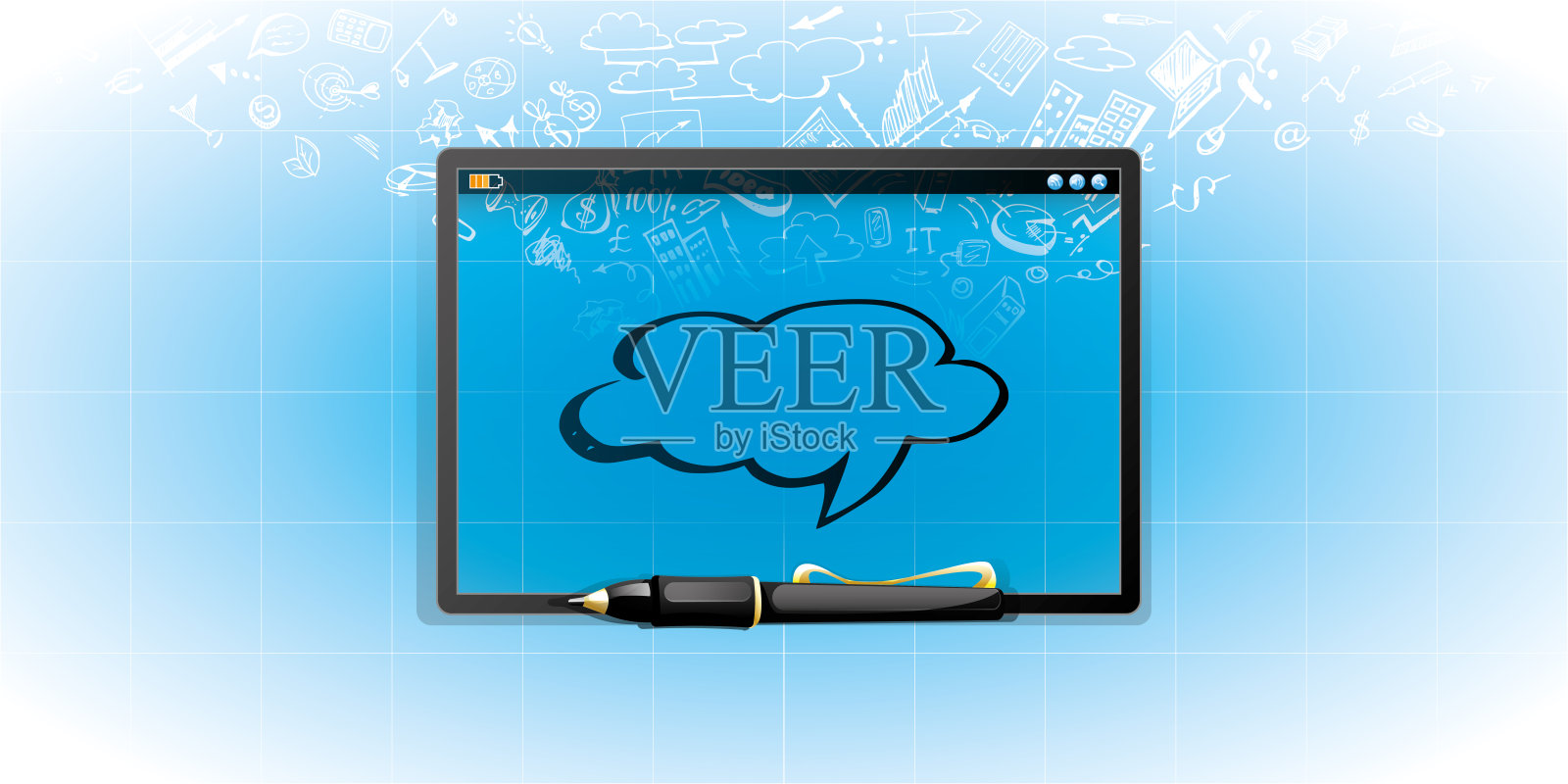 商业计划的想法。在彩色抽象背景上手绘的平板电脑。插画图片素材