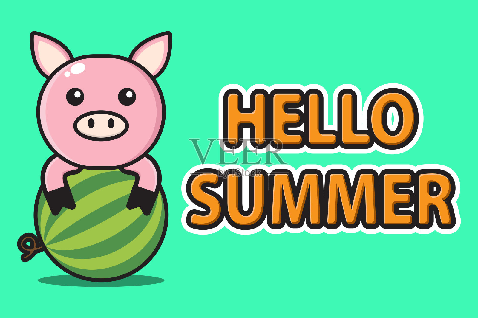可爱的吉祥物猪抱着西瓜，挂着夏日问候旗设计模板素材