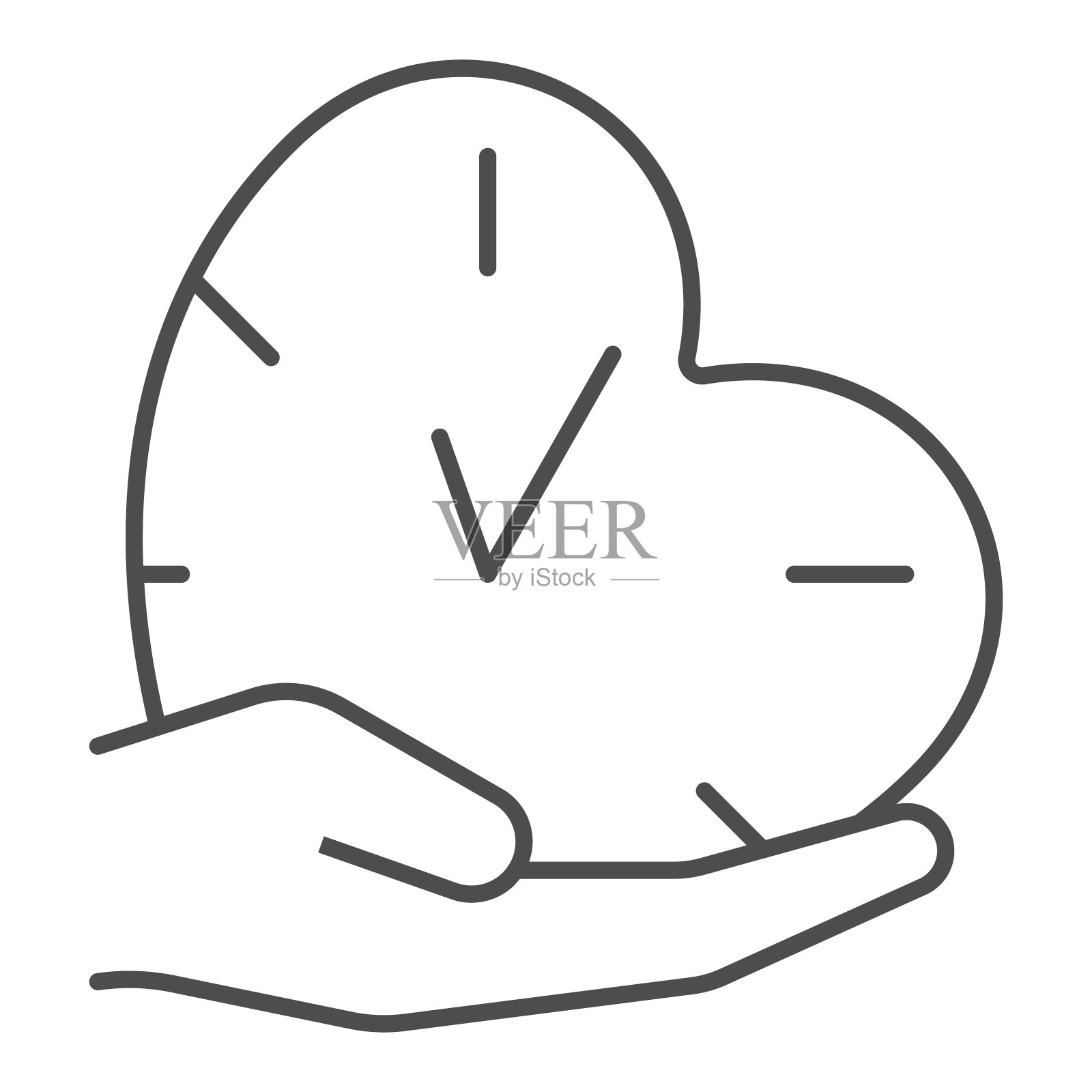 时钟，手表，心脏形状，手掌，手，爱时间细线图标，约会概念，钟表矢量标志在白色背景上，轮廓风格图标为移动概念和网页设计。矢量图形。插画图片素材