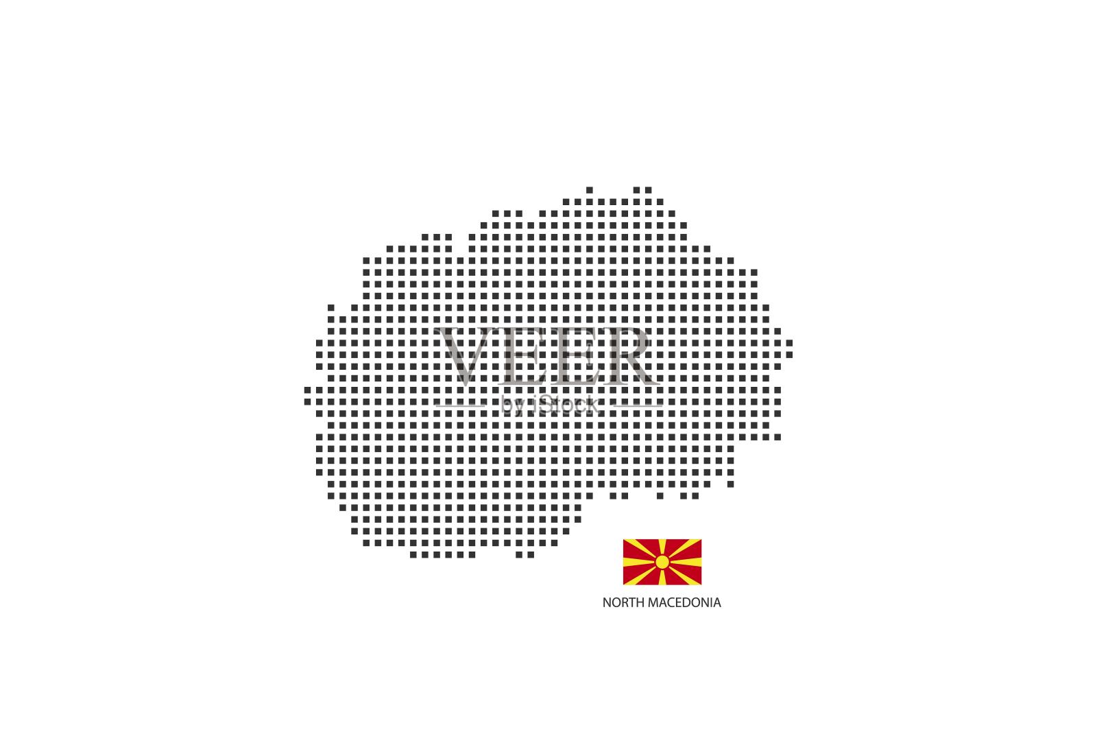 向量正方形像素点地图北马其顿孤立的白色背景与北马其顿旗。插画图片素材