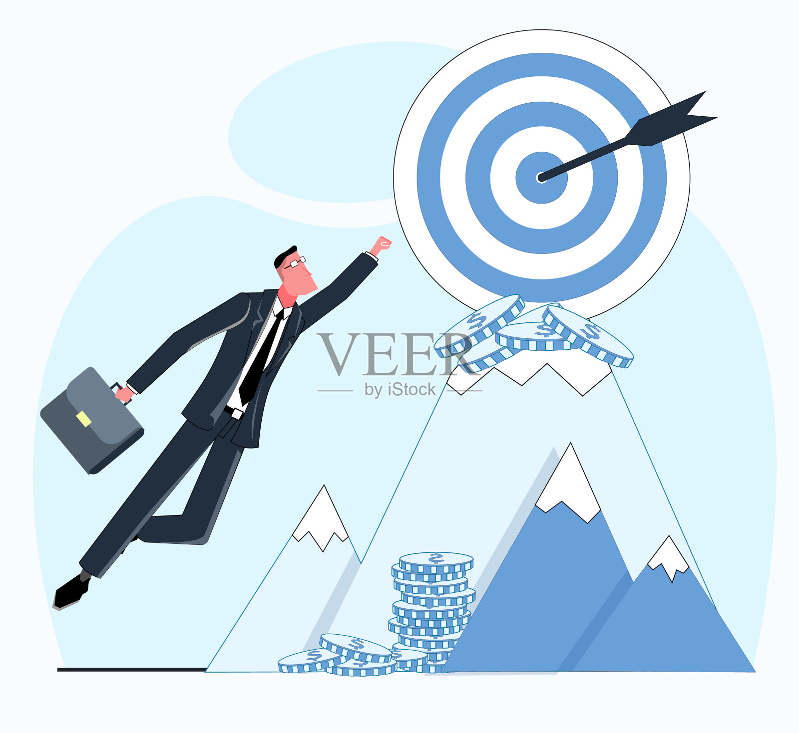 商人飞到山顶，那里的金币中间是他做生意的目标平面矢量插图插画图片素材