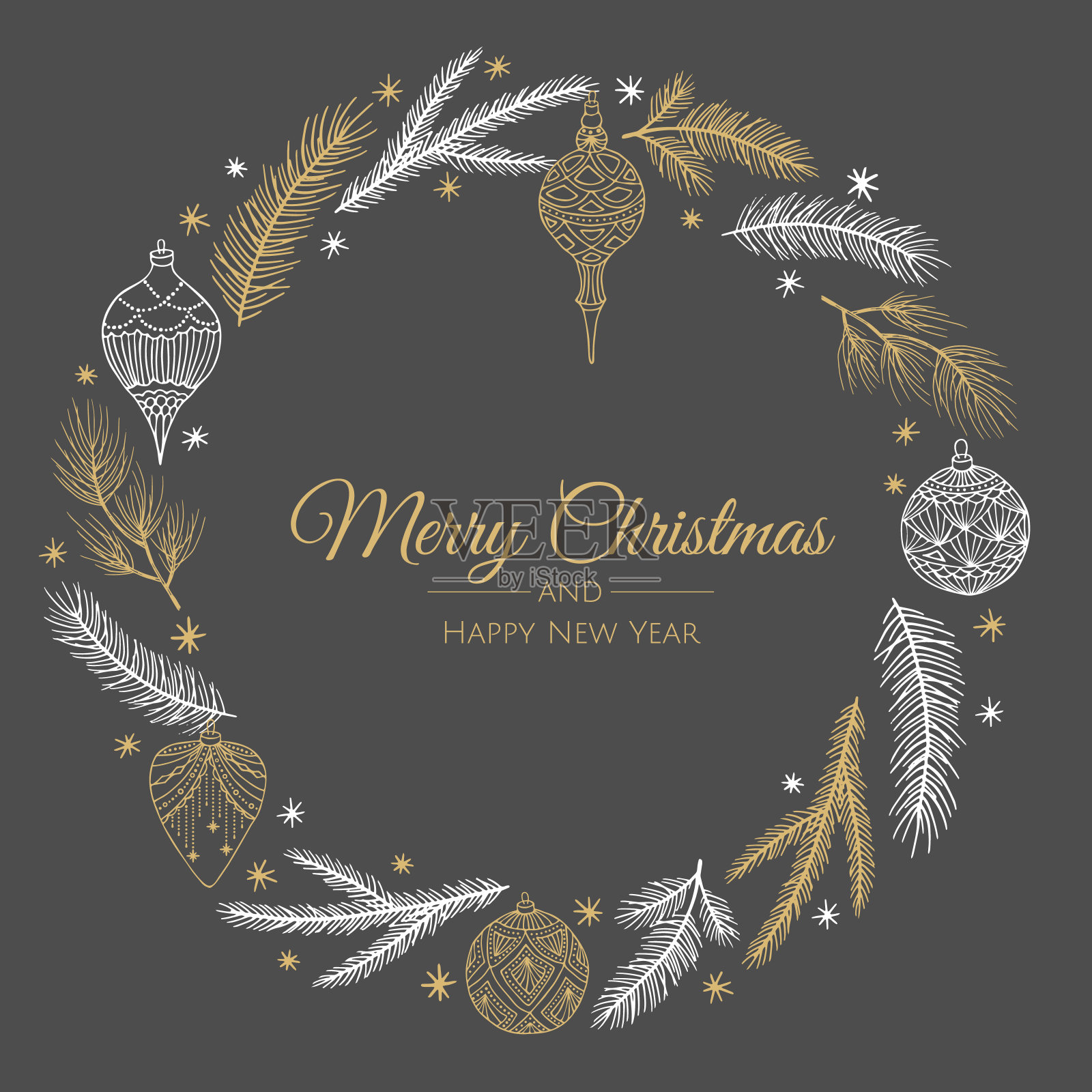 圣诞花环上有松枝、浆果、圣诞花等节日元素插画图片素材