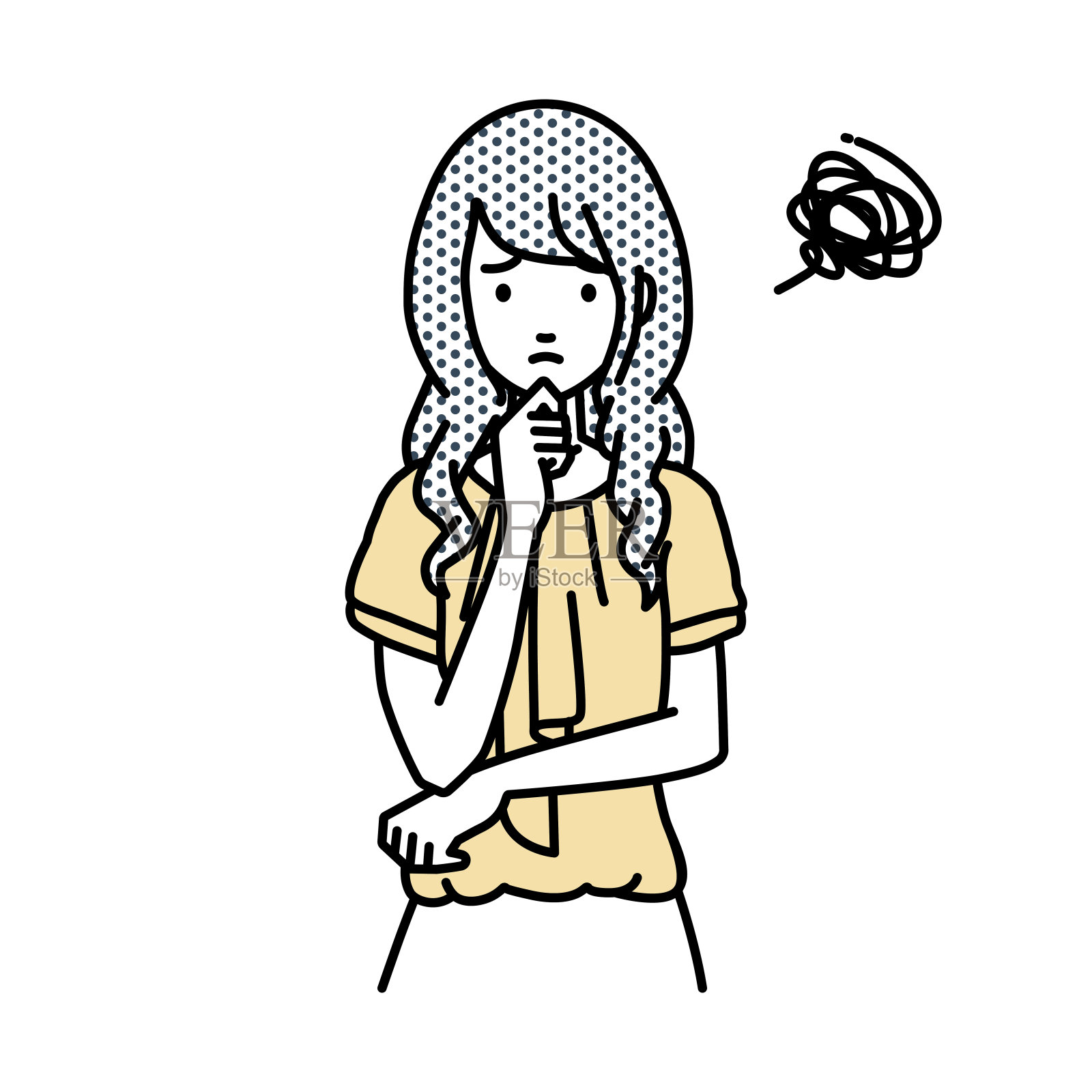 一个穿着休闲工作风格的女人，手指放在下巴上站不起来插画图片素材