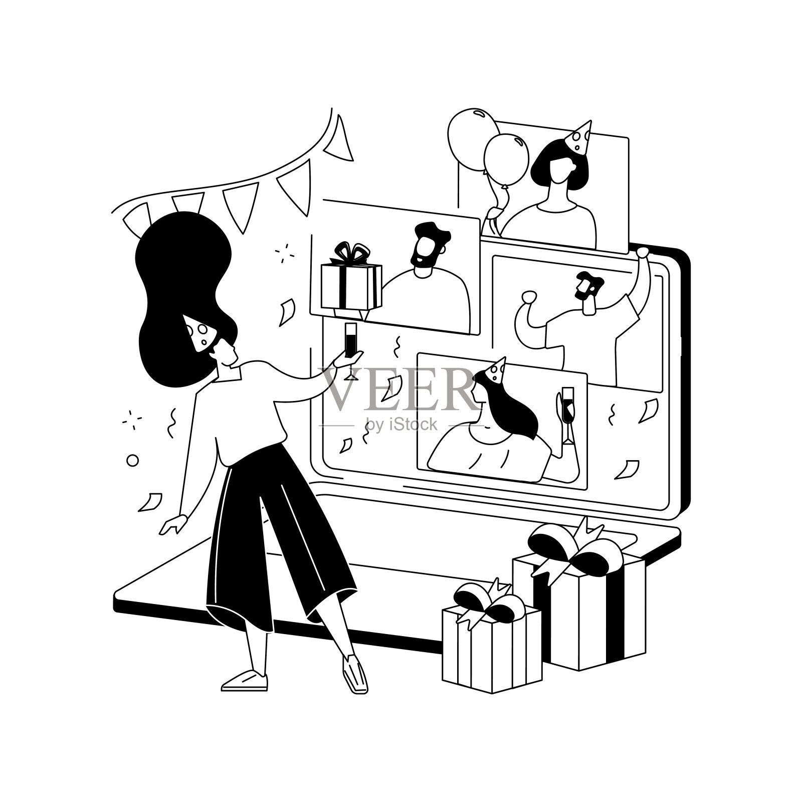 在线生日派对抽象概念矢量插图。插画图片素材