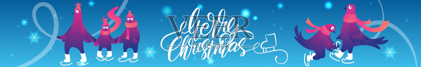 明亮的圣诞网横幅与有趣的鸽子。圣诞快乐。有趣的鸽子穿着溜冰鞋。鸽子在溜冰场上滑冰。假日矢量插图。插画图片素材