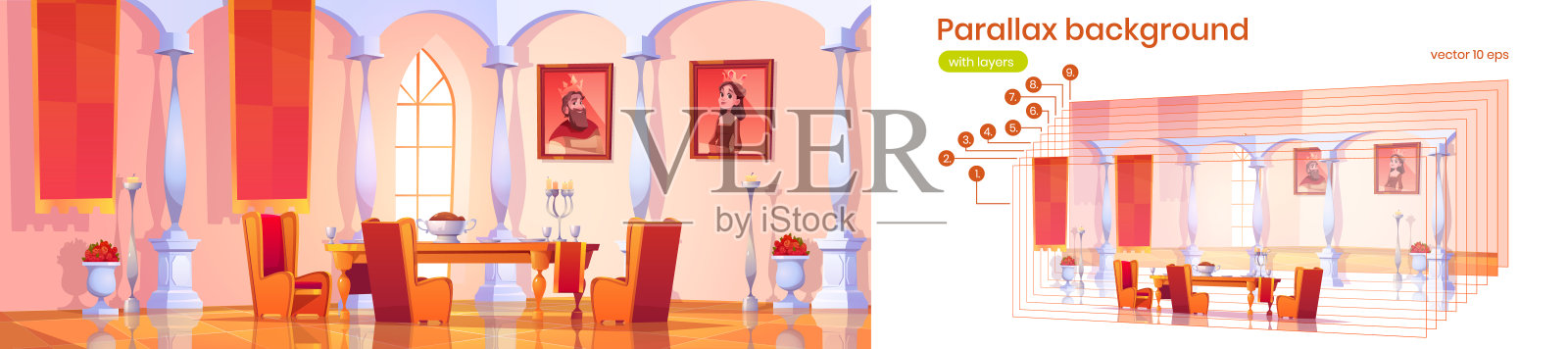 城堡内的视差背景餐厅插画图片素材
