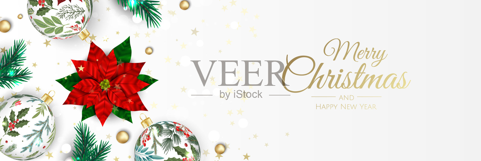 圣诞快乐，新年快乐贺卡。圣诞节假期背景有冷杉树、雪花、球。插画图片素材