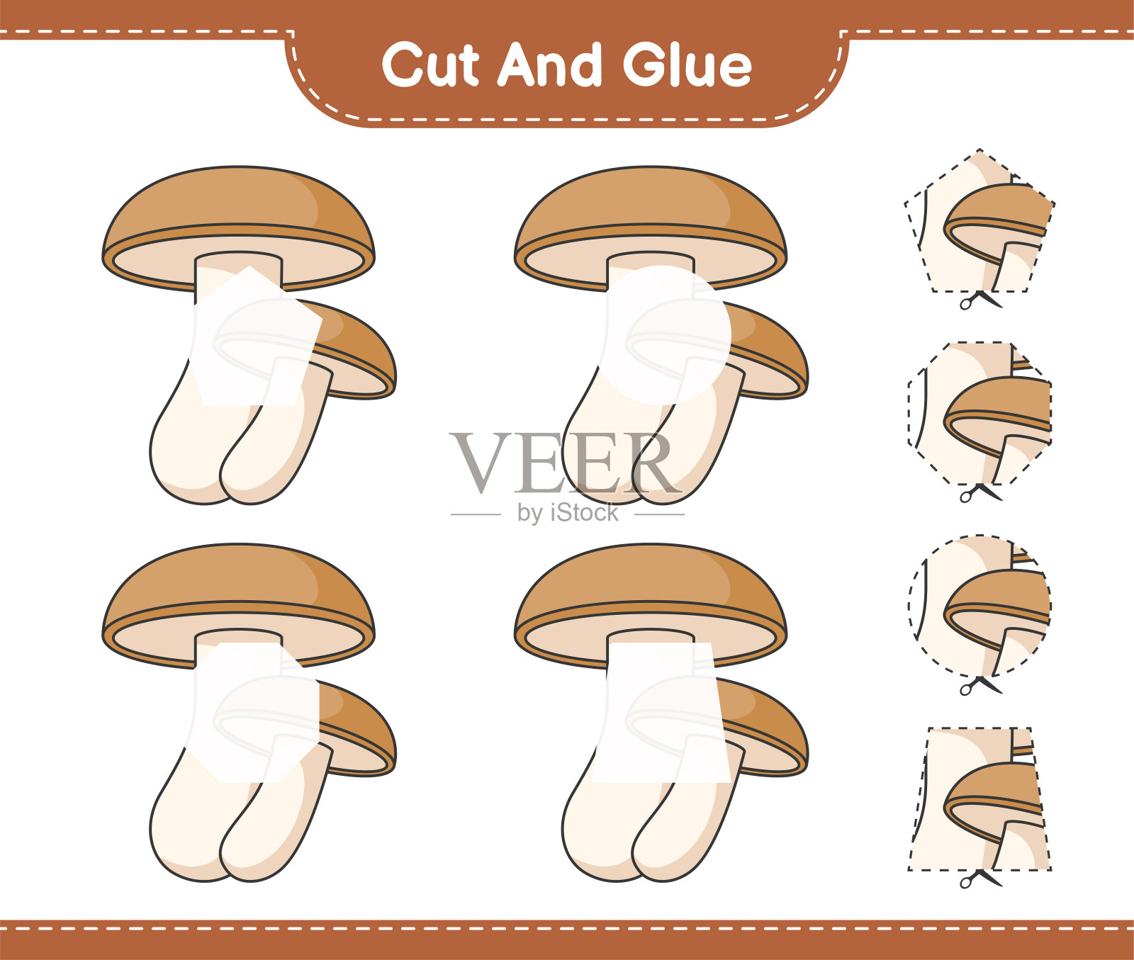把香菇切成小块，然后粘上。教育儿童游戏，可打印的工作表，矢量插图插画图片素材
