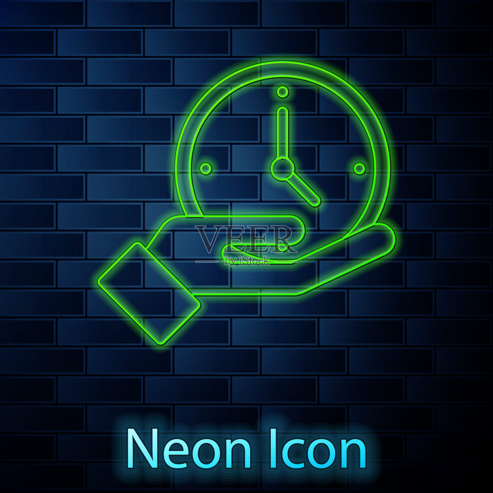 发光的霓虹灯线时钟图标隔离在砖墙背景。时间的象征。向量插画图片素材