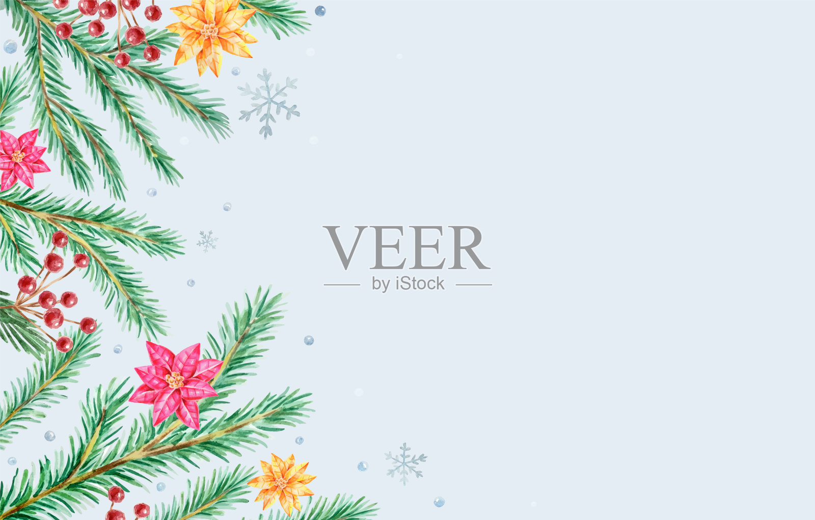 下雪的圣诞节背景与复制空间和水彩冬季元素，矢量插图插画图片素材