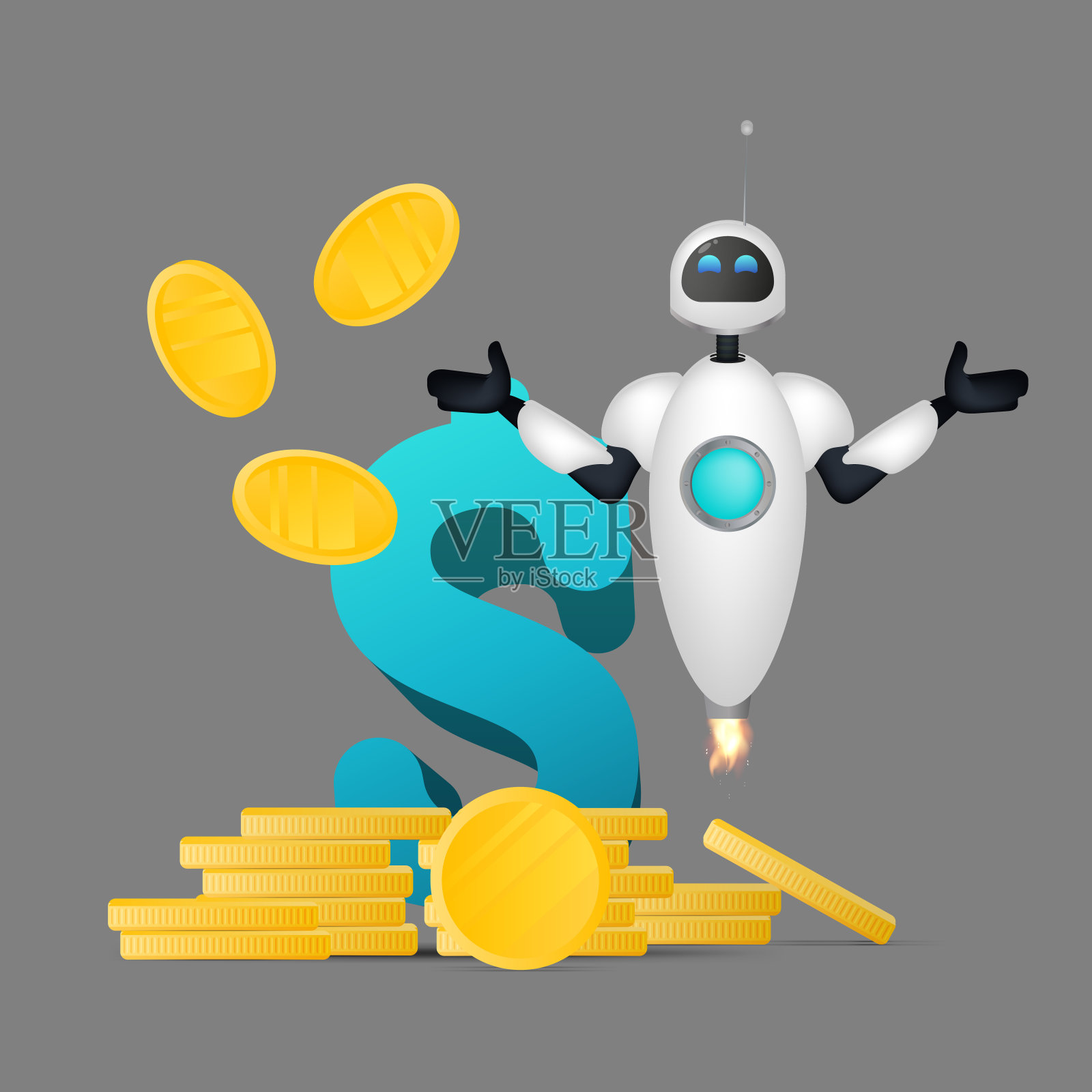 白色的飞行机器人和空中的金币。美元符号和成堆的金币。关于存钱和还钱的话题。孤立。矢量插图。插画图片素材