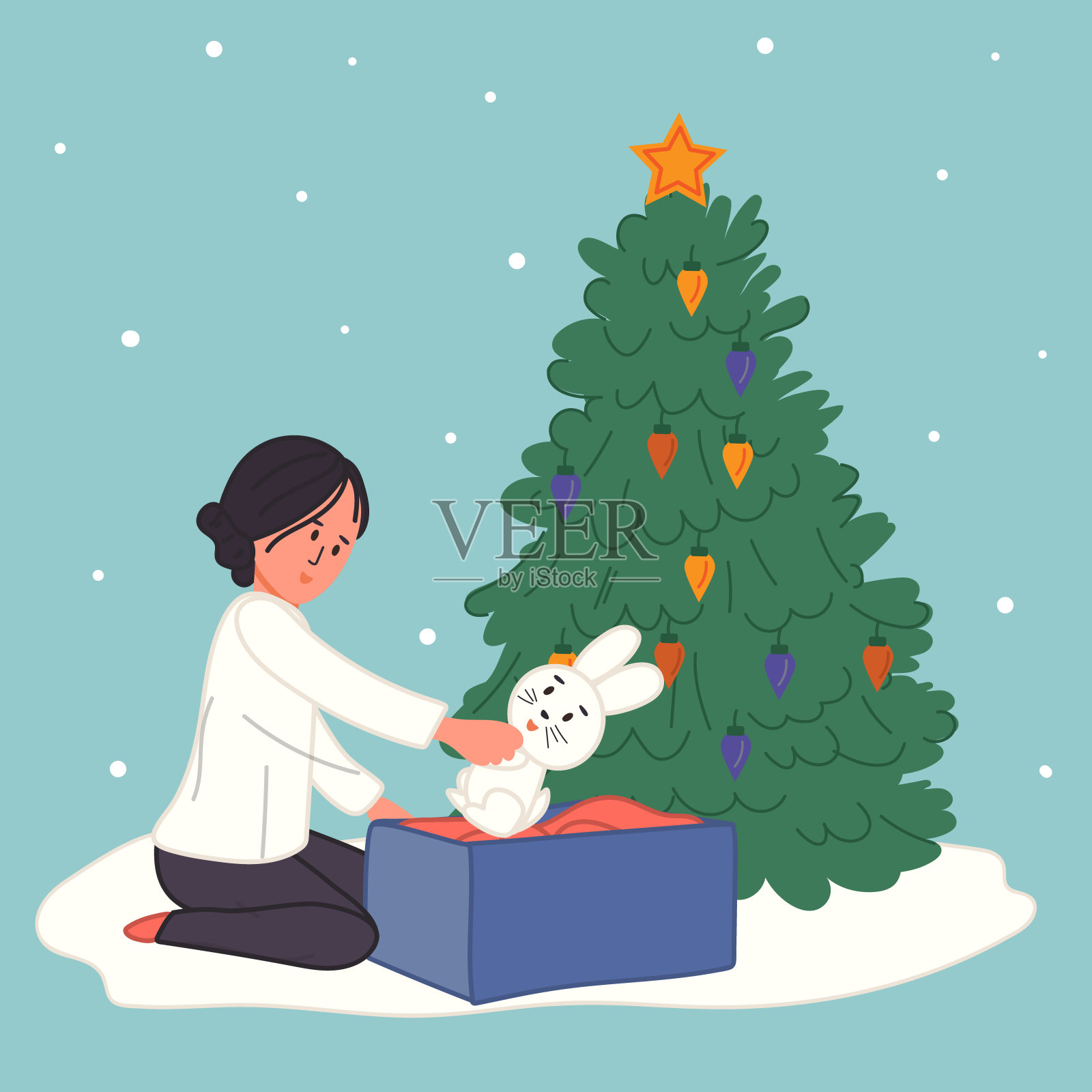 圣诞树旁的女孩插画图片素材
