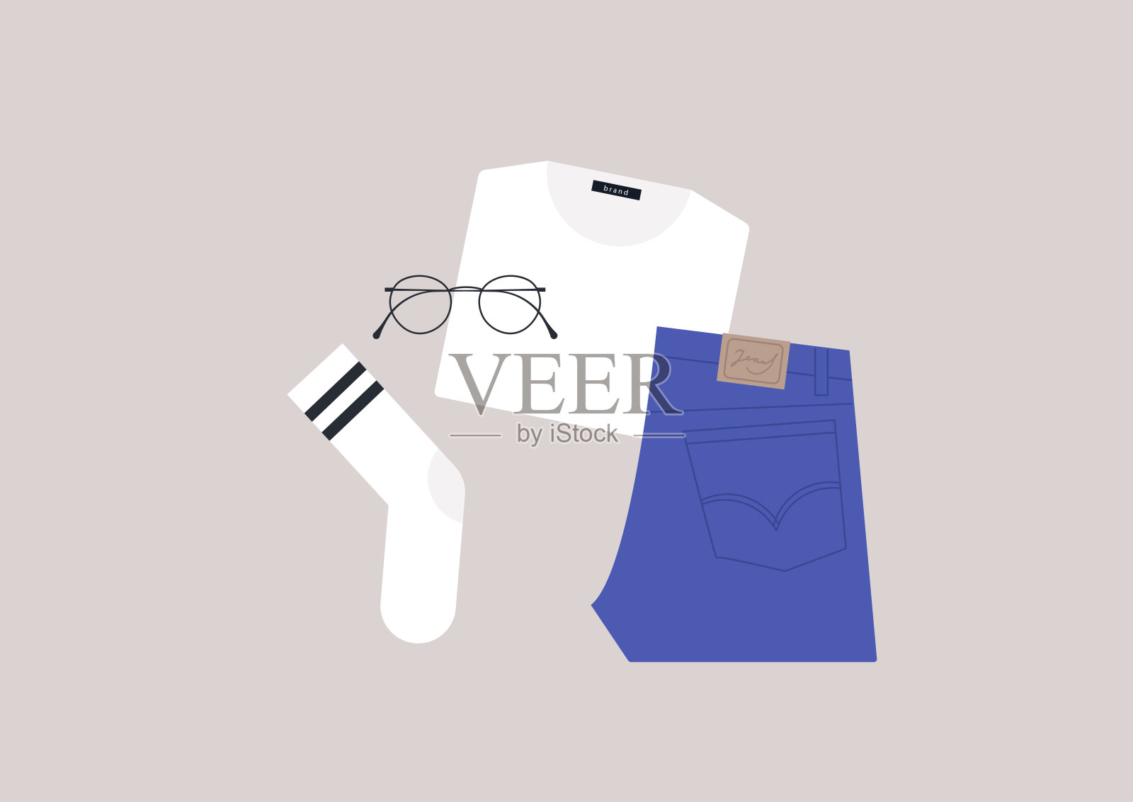 一套经典的休闲装，蓝色牛仔裤，白色t恤，条纹袜子和一个简单的金属框架插画图片素材