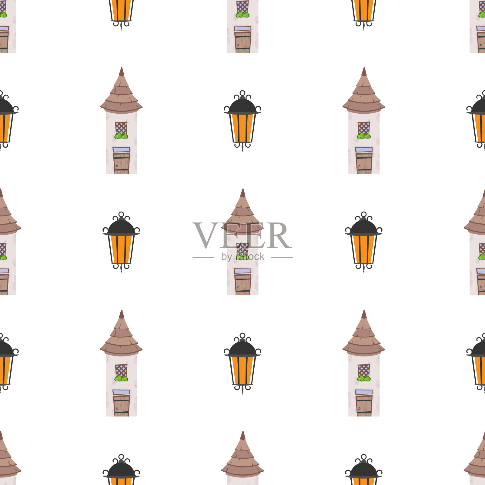 无缝模式与塔。适合做背景、包装纸、卡片和书籍。卡通风格。向量插画图片素材