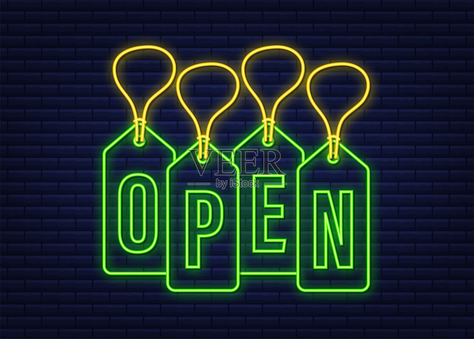 开放hangtag销售霓虹灯标志。矢量插图。插画图片素材