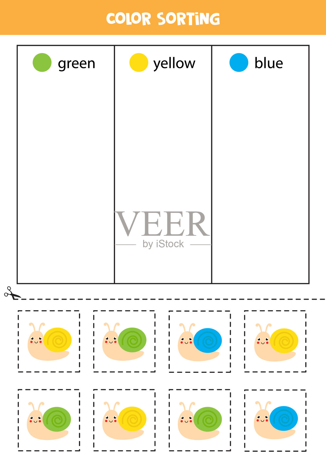把卡通蜗牛按颜色分类。为儿童学习颜色。插画图片素材