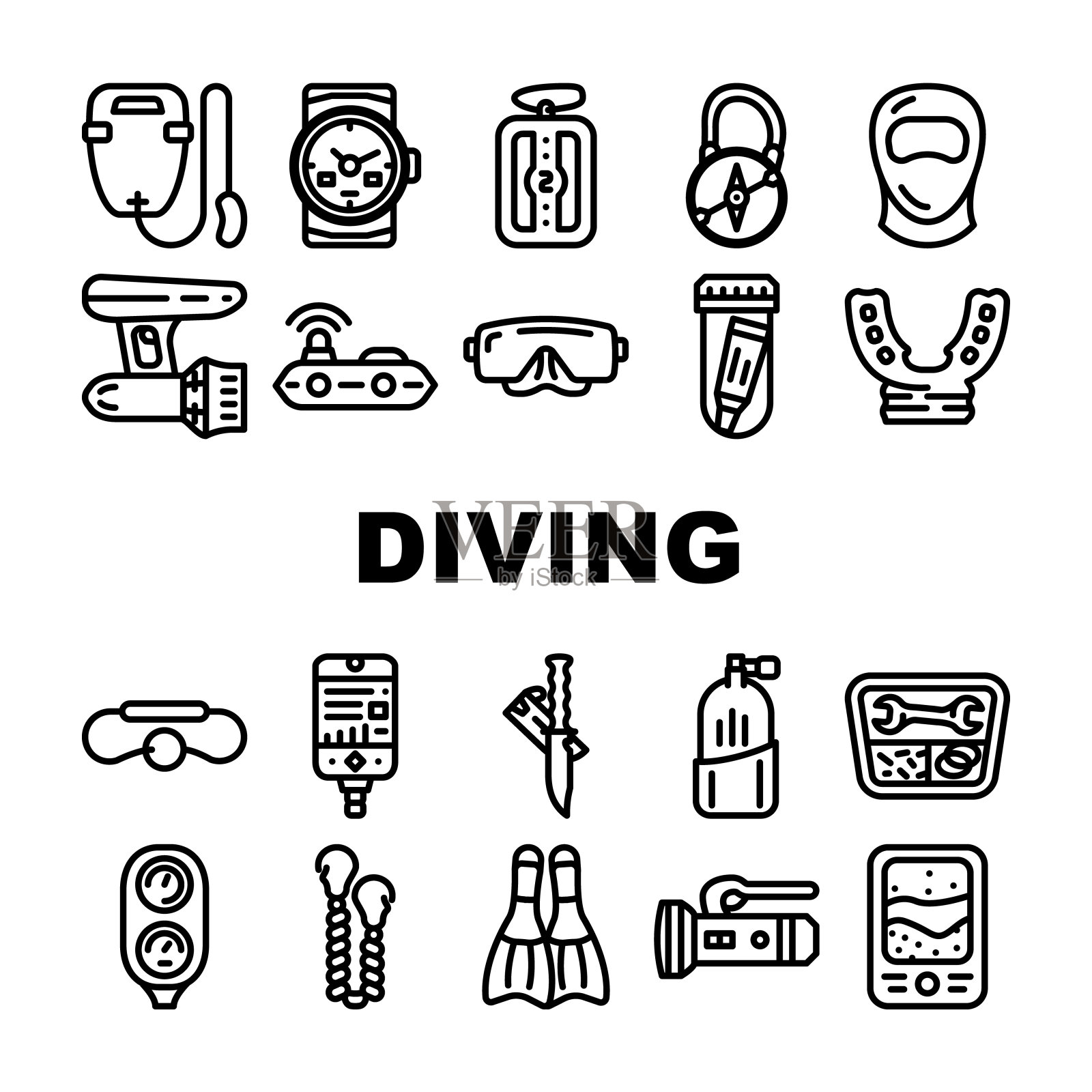 潜水设备和配件图标设置向量插画图片素材