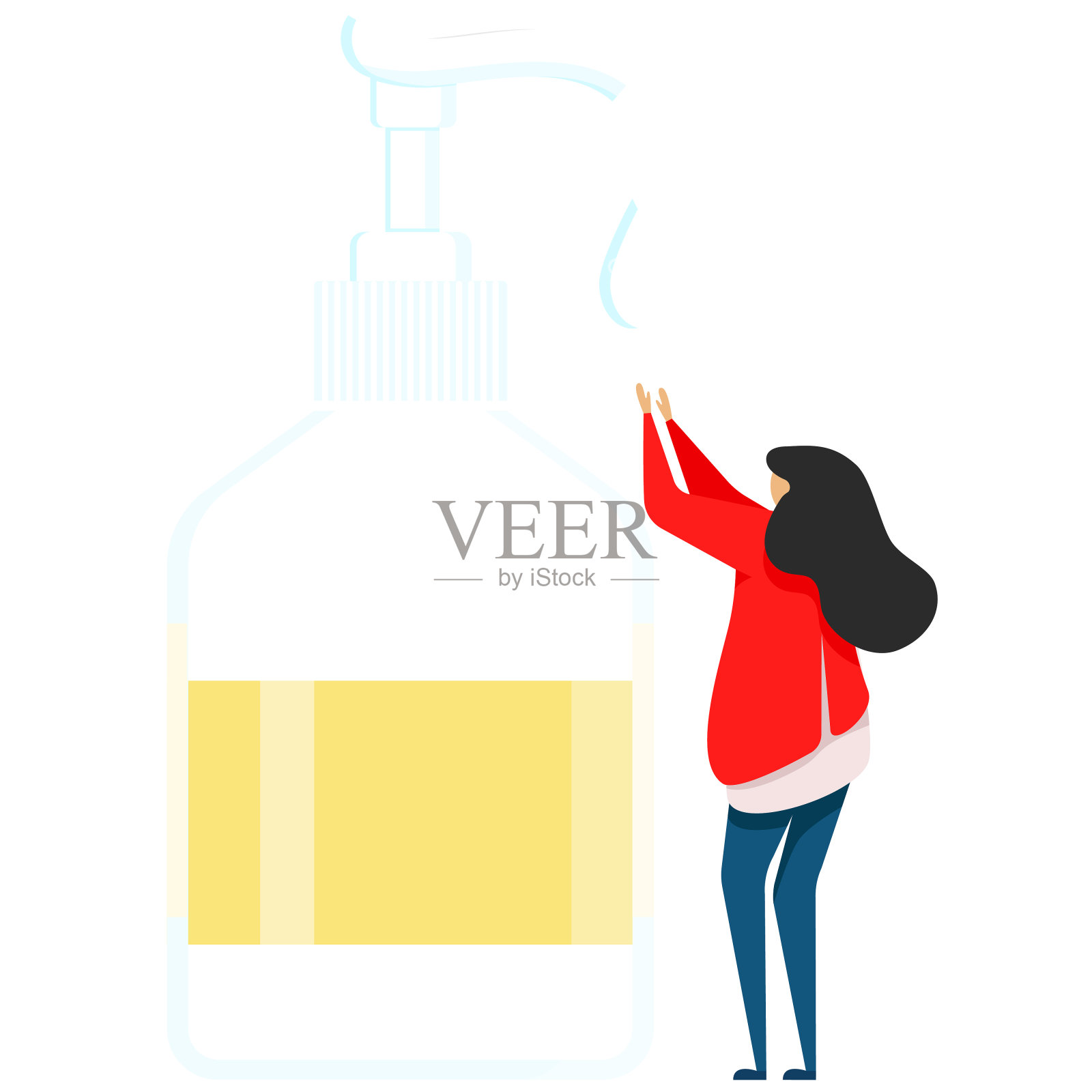 妇女消毒手，洗手液，洗手液，洗手液，细菌和细菌处理的手，绝缘瓶与手脱脂插画图片素材