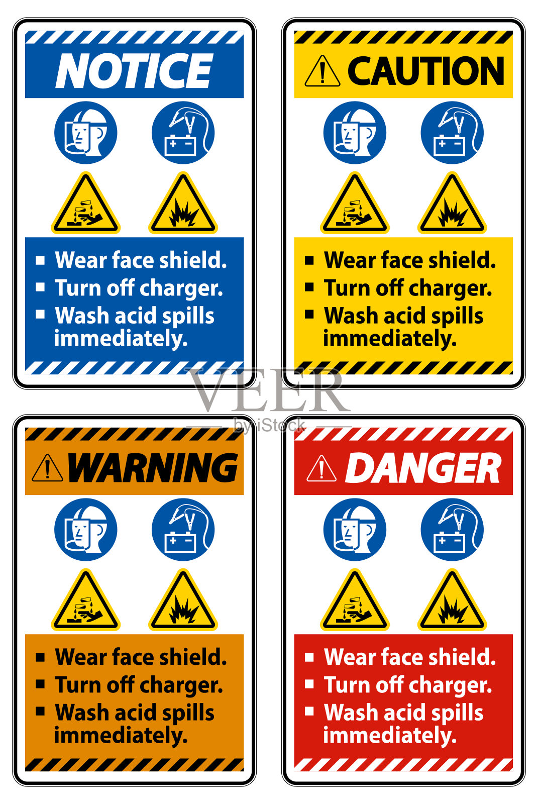 警告标志戴上面罩，关闭充电器，立即清洗溢出的酸插画图片素材