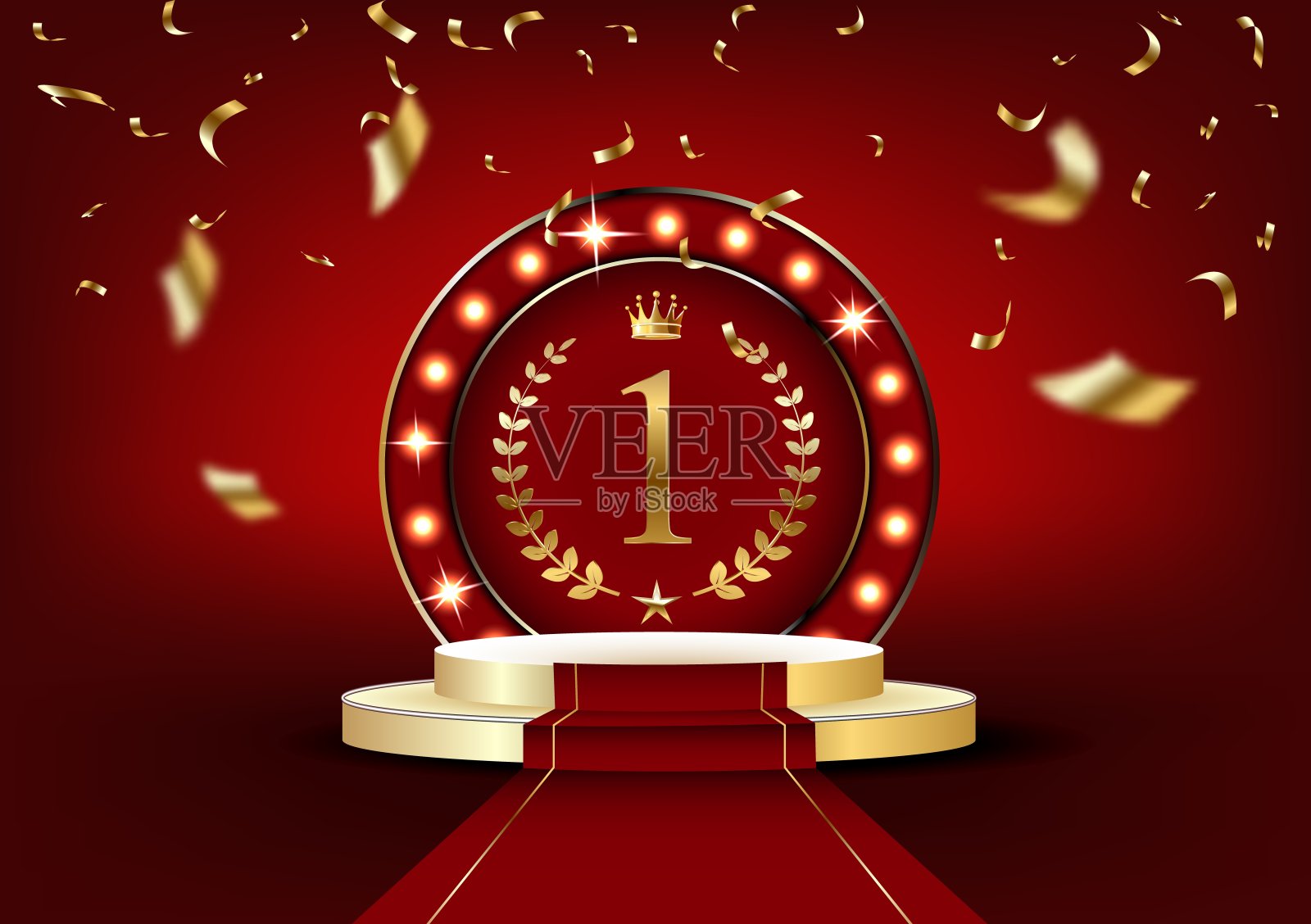 金圆的讲台。首位。基座。红色的背景。桂冠。插画图片素材