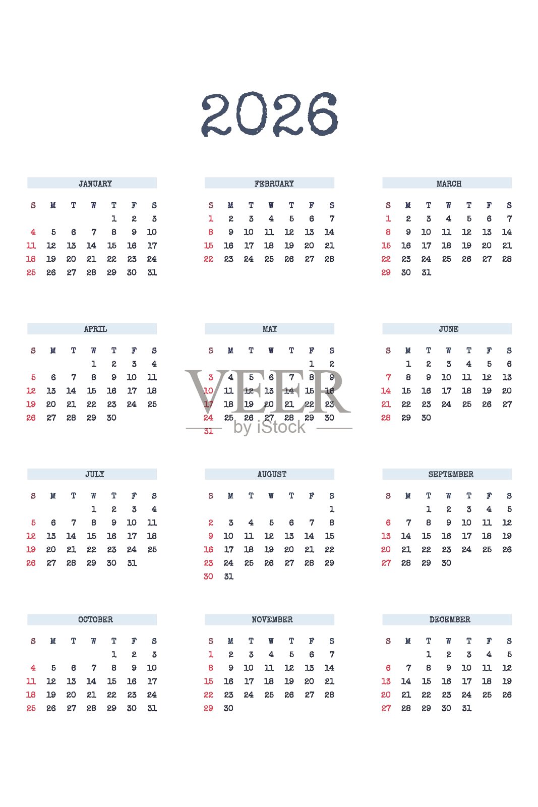 2026年日历模板采用经典严格的字体字体打字。每月日历，个人时间表，极简限制设计的商务笔记本。星期从星期日开始设计模板素材