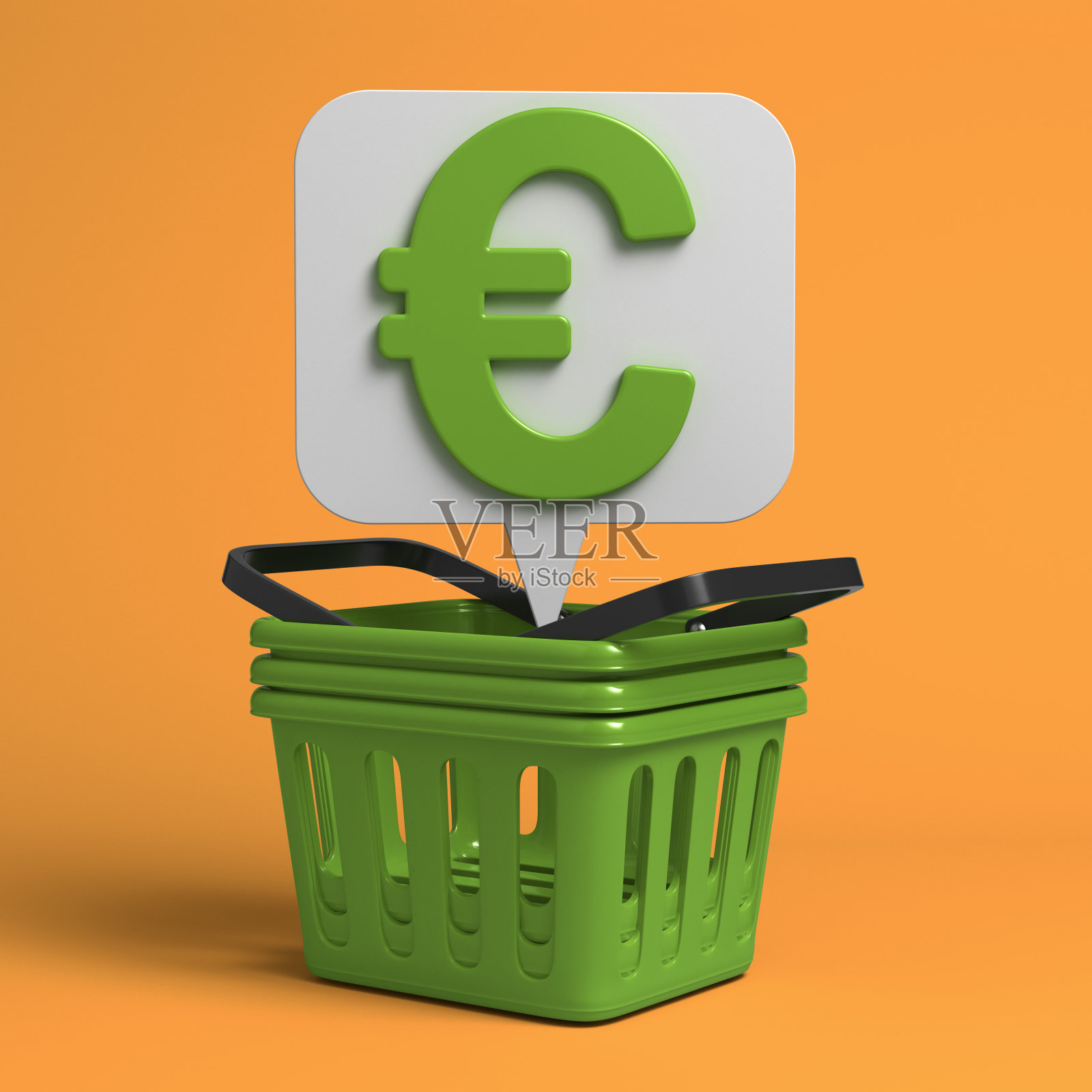 购物篮和绿色的欧元符号。照片摄影图片