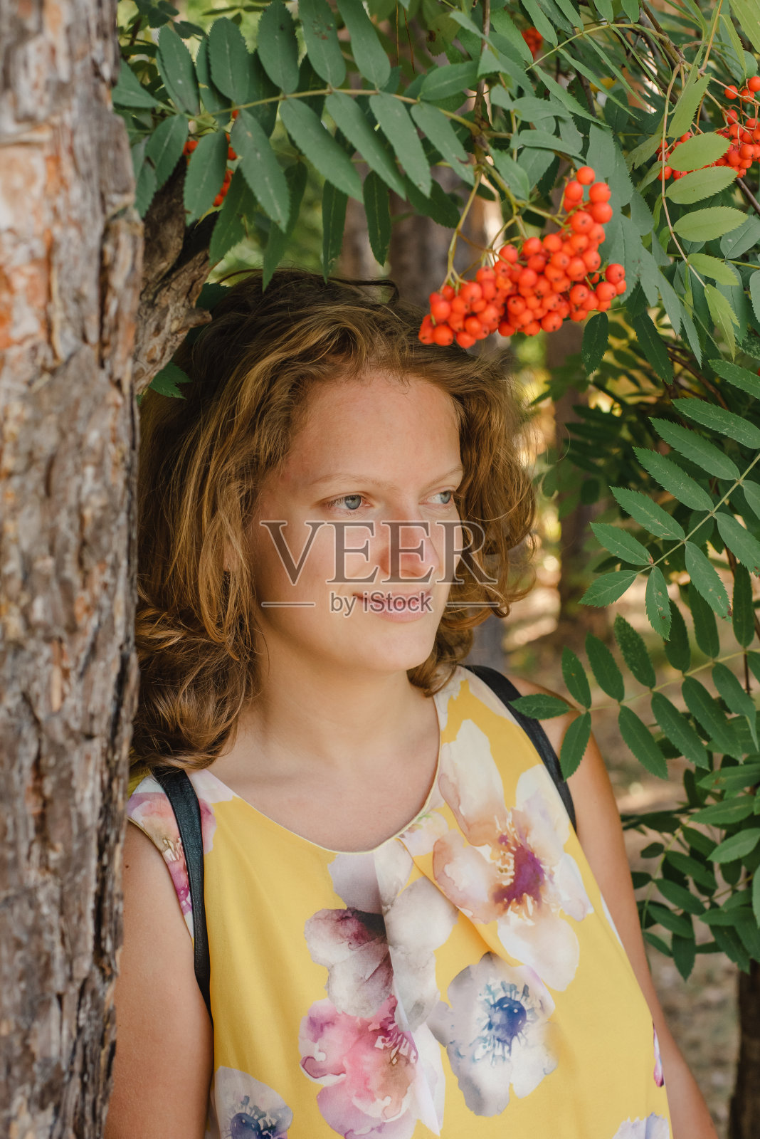 一个拿着花楸果的年轻女士的肖像照片摄影图片