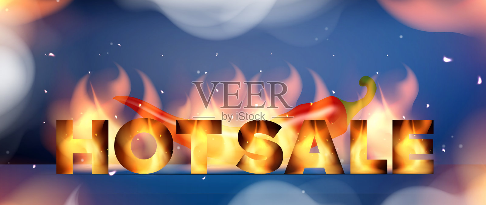 热卖横幅与现实的火焰和烟雾。红辣椒。为促销、促销或销售而制作的现成旗帜。矢量插图。插画图片素材