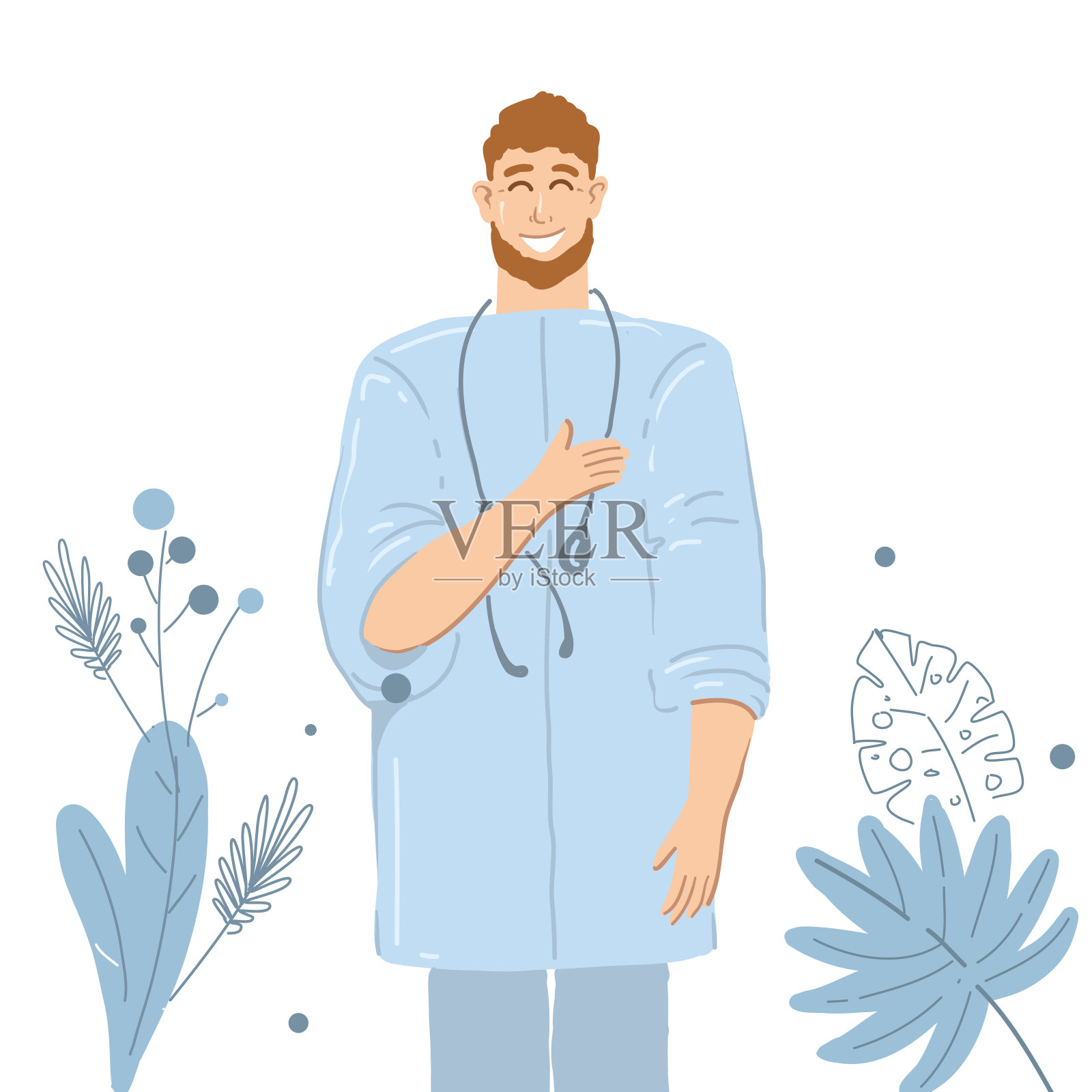 年轻男子医生带着音内窥镜和现代花卉微笑幸福。医疗卫生服务工作者概念设计矢量图形说明插画图片素材