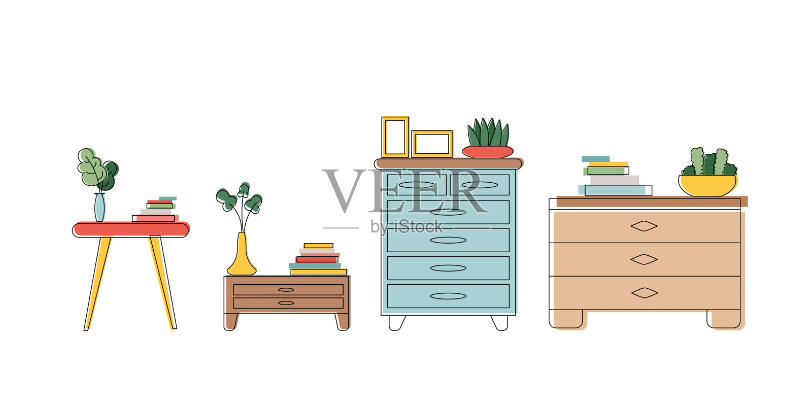 一套线条艺术风格的房间家具。向量。插画图片素材