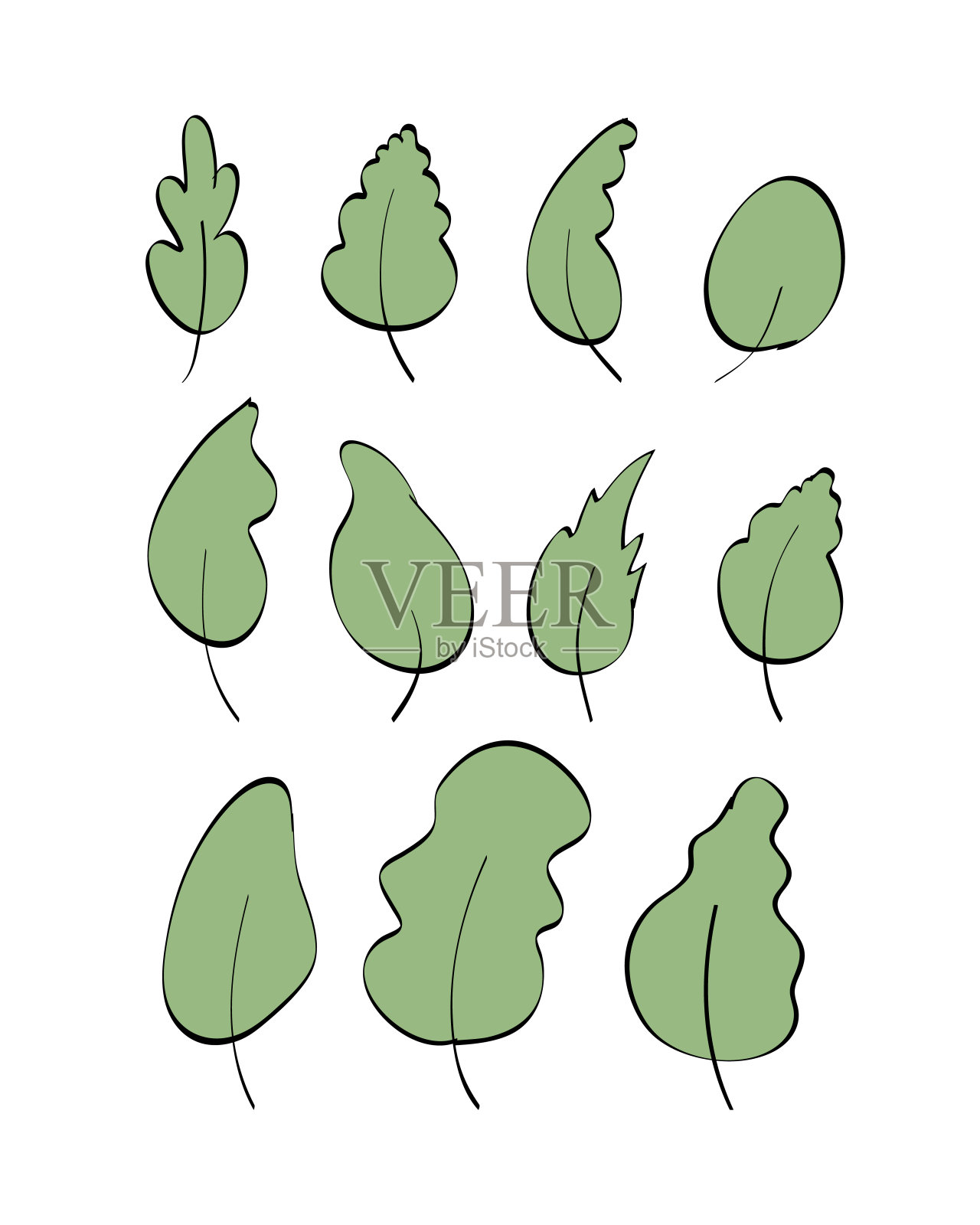 一套手绘的绿色树叶涂鸦风格。用于设计明信片、书籍、菜单或广告的元素。孤立在白色背景上。矢量插图。插画图片素材