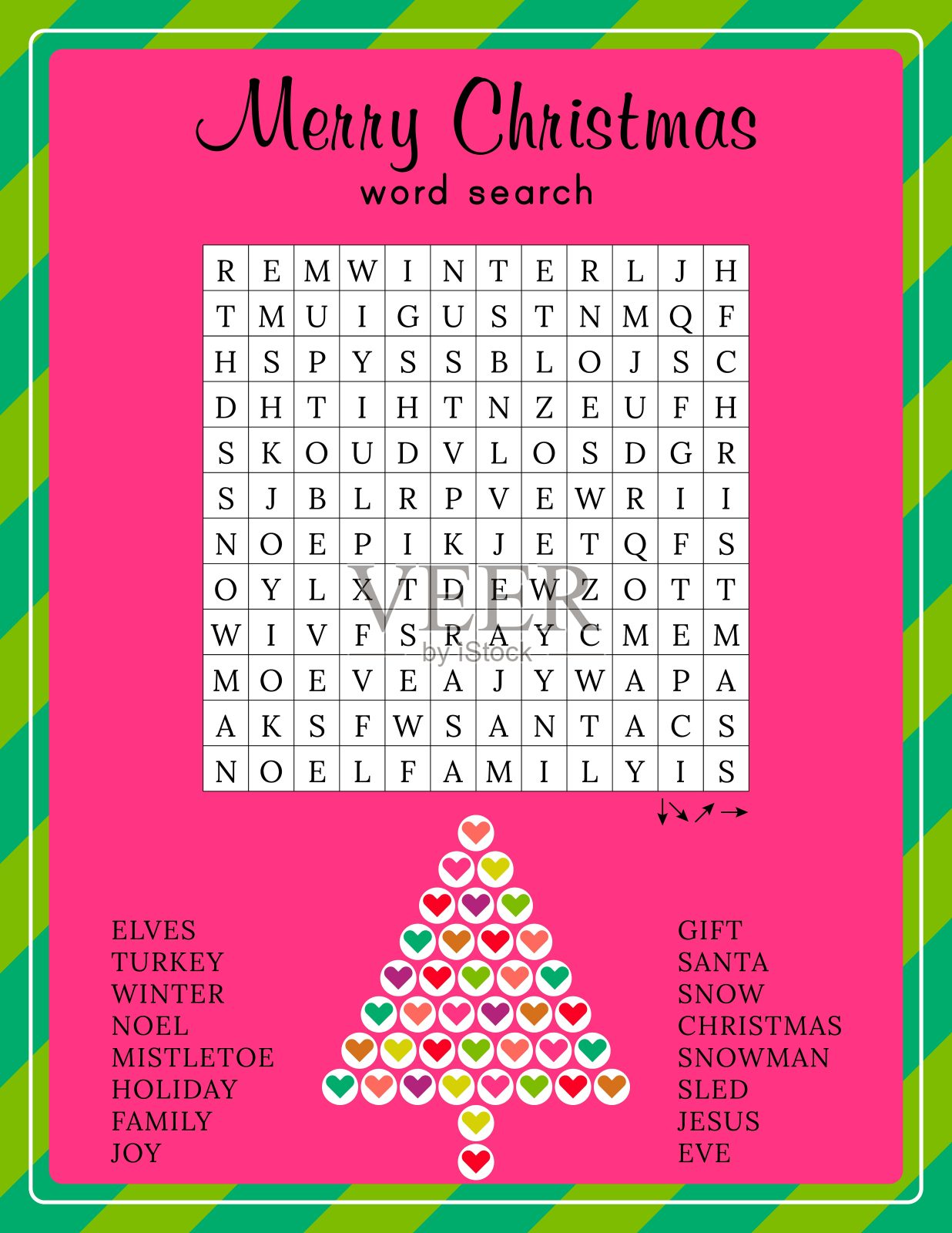 圣诞快乐字谜。关于寒假的打印工作表。为儿童和成人的教育填字游戏。插画图片素材