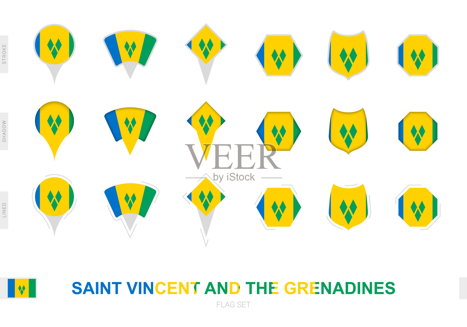 收集的圣文森特和格林纳丁斯旗帜在不同的形状和三种不同的效果。插画图片素材