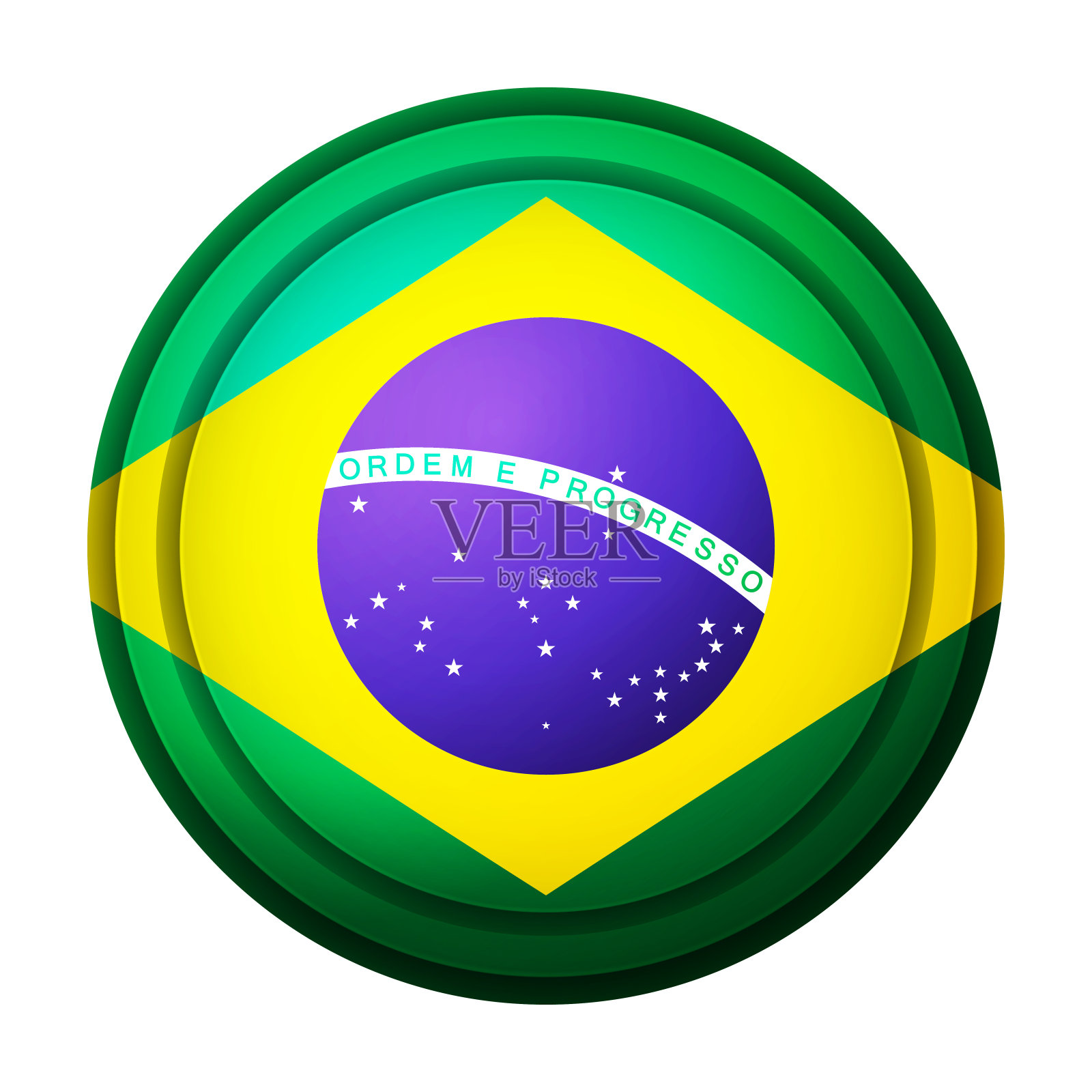 玻璃球与巴西国旗。圆球，模板图标。巴西国家的象征。光滑的现实球，三维抽象矢量插图突出在一个白色的背景。大泡沫插画图片素材