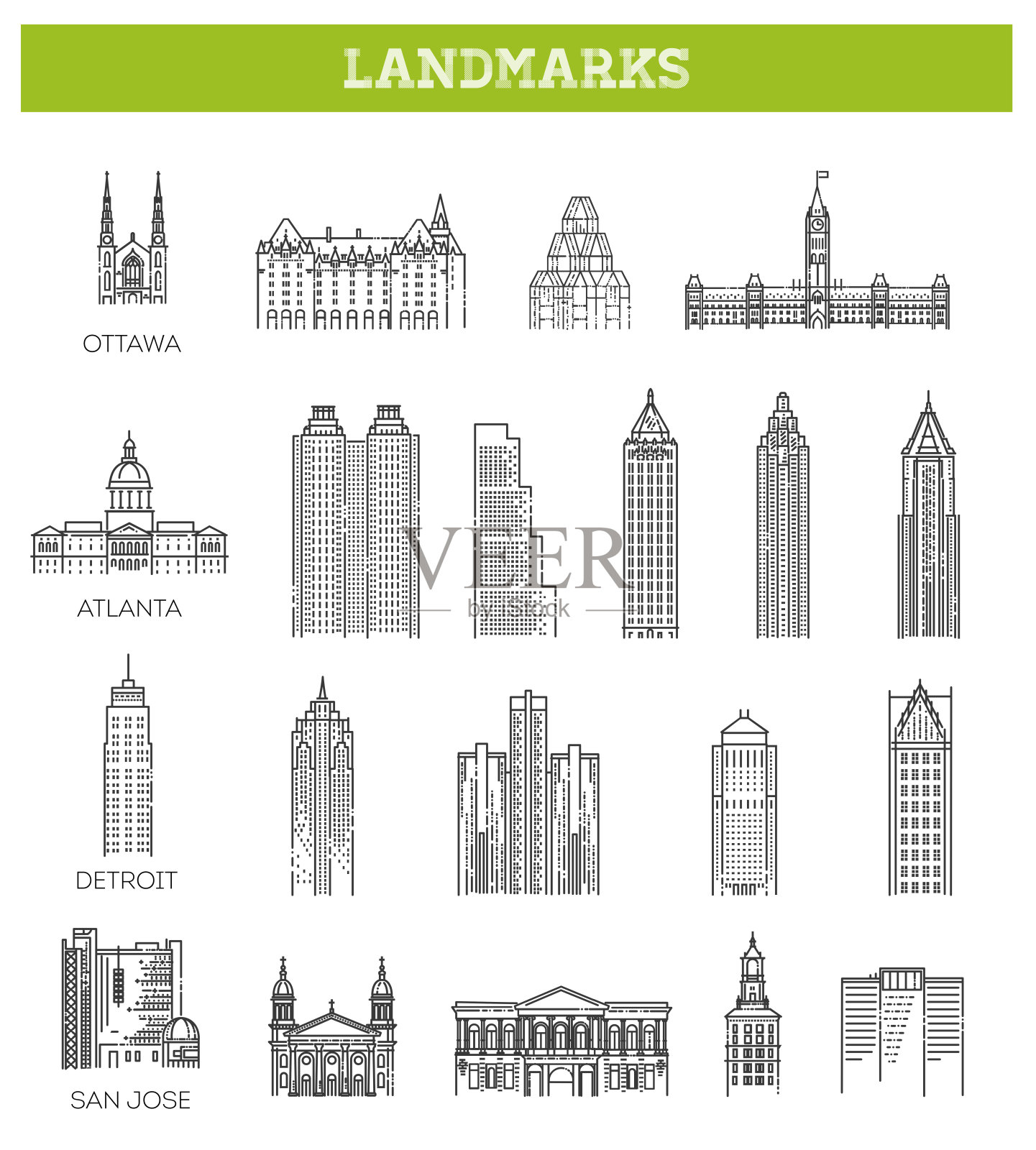 简单的线性矢量图标集代表全球旅游的美国地标和旅游目的地的假期插画图片素材