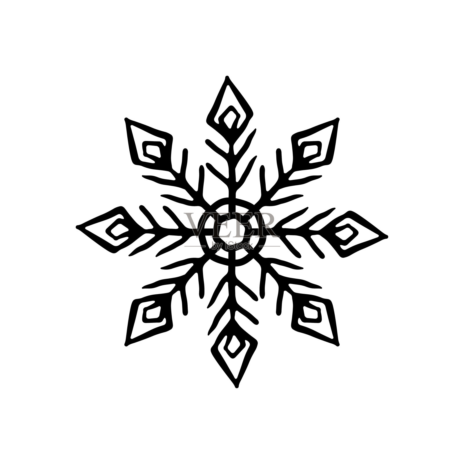 雪花图标。黑色墨水轮廓线素描剪影。矢量简单的平面图形手绘插图。在白色背景上孤立的物体。隔离。插画图片素材