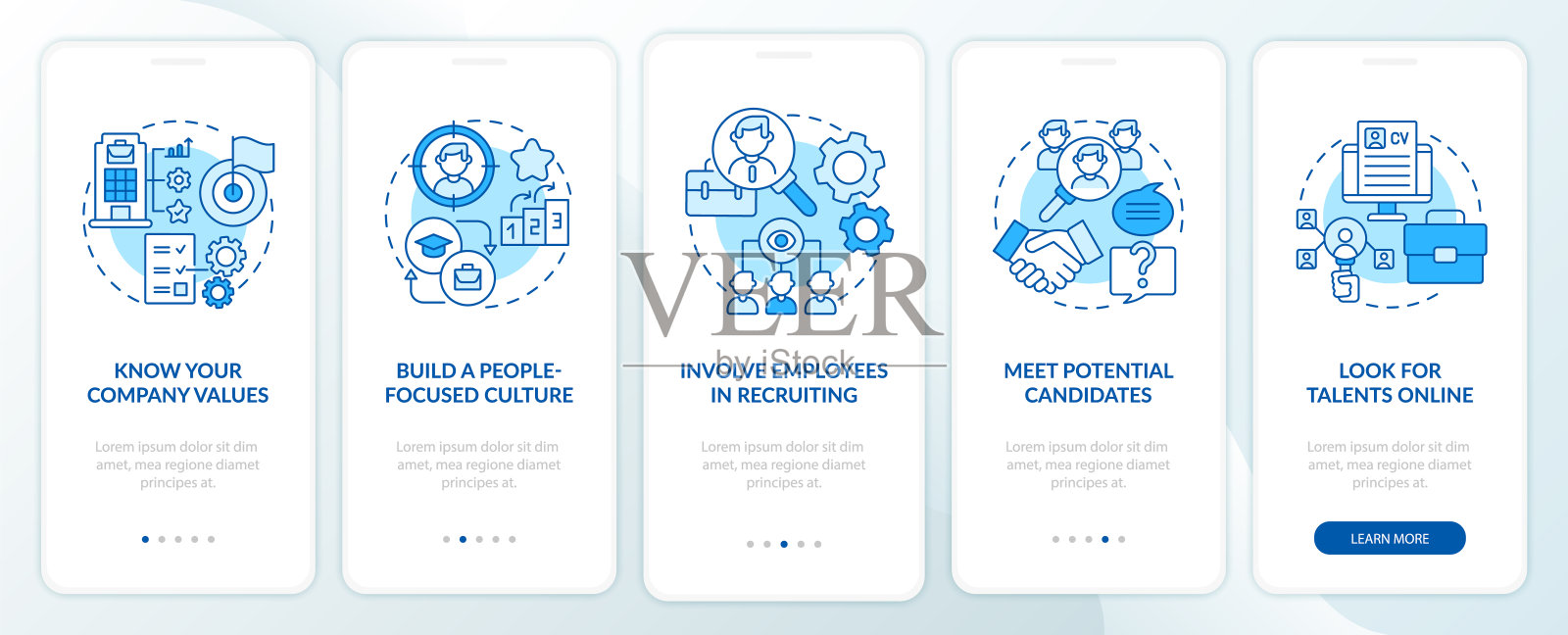 吸引顶级客户蓝色入职手机应用页面屏幕插画图片素材