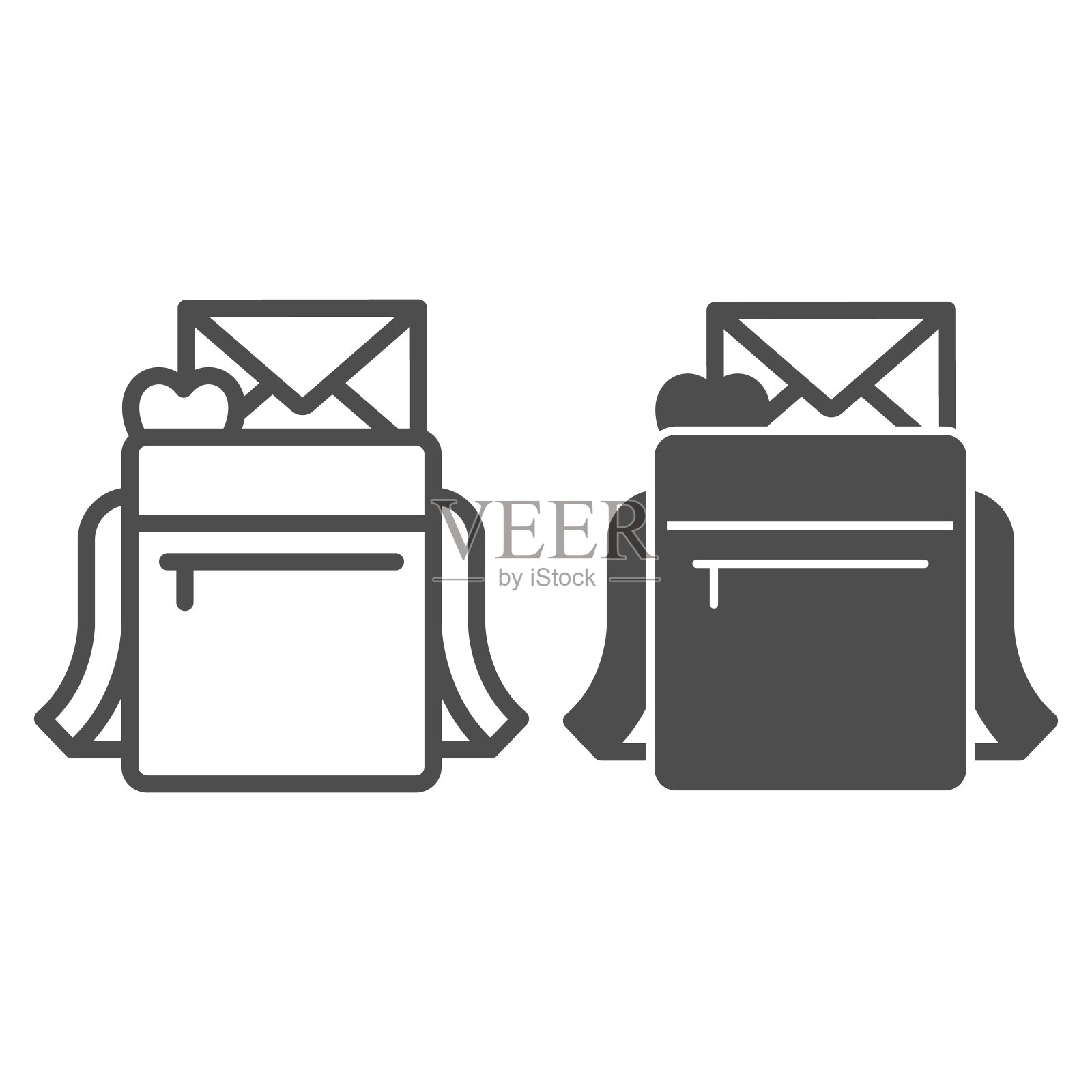 情书，信封与心在邮差袋线和固体图标，约会概念，信息矢量标志在白色背景，轮廓风格图标的移动概念和网页设计。矢量图形。图标素材