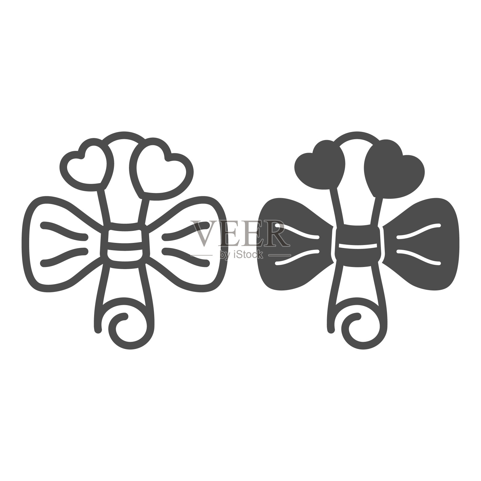 卷纸与心和弓，浪漫的信线和固体图标，约会概念，爱情矢量标志在白色背景，轮廓风格图标的移动概念和网页设计。矢量图形。图标素材