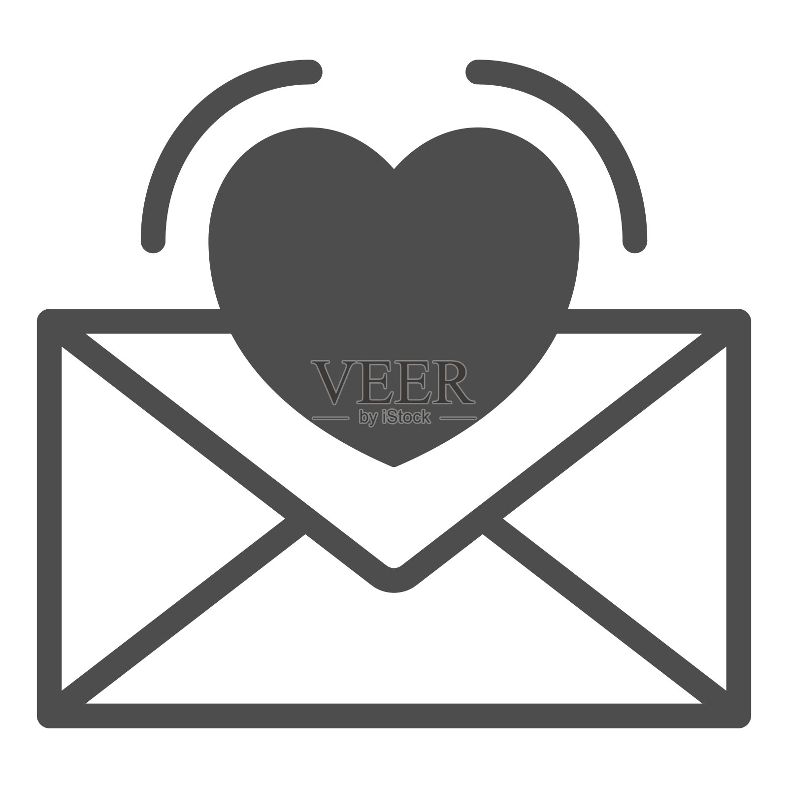 情书，信封与心固体图标，爱和约会概念，浪漫的信息矢量标志在白色背景，字形风格图标的移动概念和网页设计。矢量图形。插画图片素材