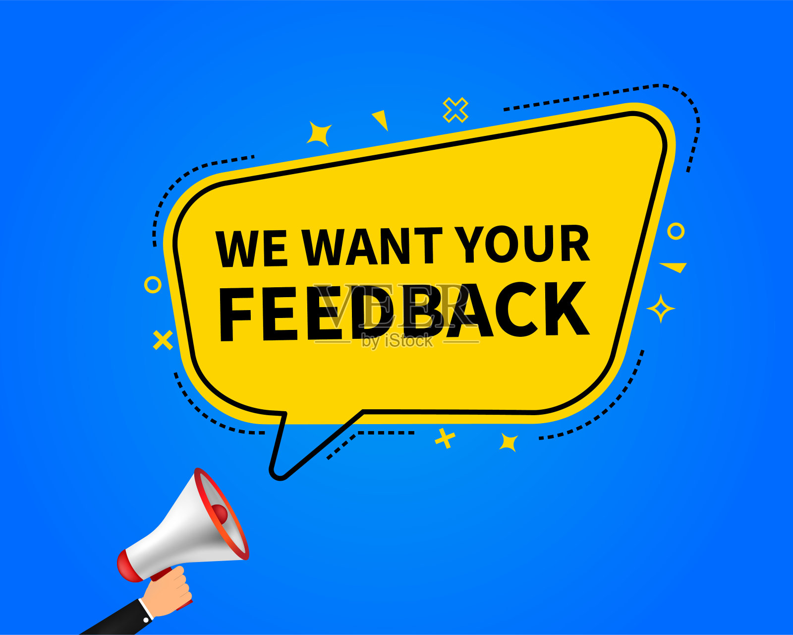 矢量插图，我们想要你的反馈与扩音器。现代网页彩色横幅，广告和营销贴纸插画图片素材