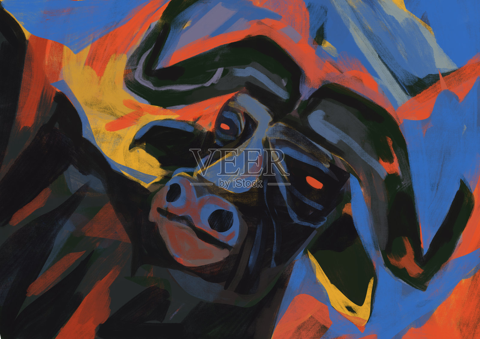 这是一幅充满活力和活力的水牛的漂亮肖像，用宁静、作品、垃圾艺术和涂鸦来观察。美学水彩，色彩和谐。概念打印插画图片素材