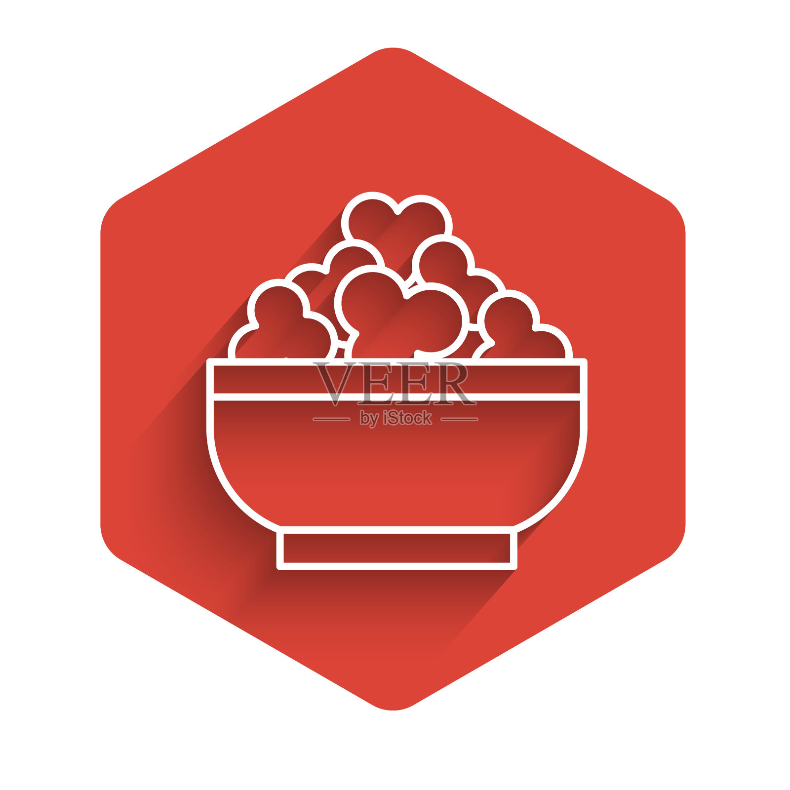 白线村舍奶酪图标孤立与长影子。健康食品中必需的维生素和矿物质医疗、保健和饮食观念。红色的六角按钮。向量插画图片素材